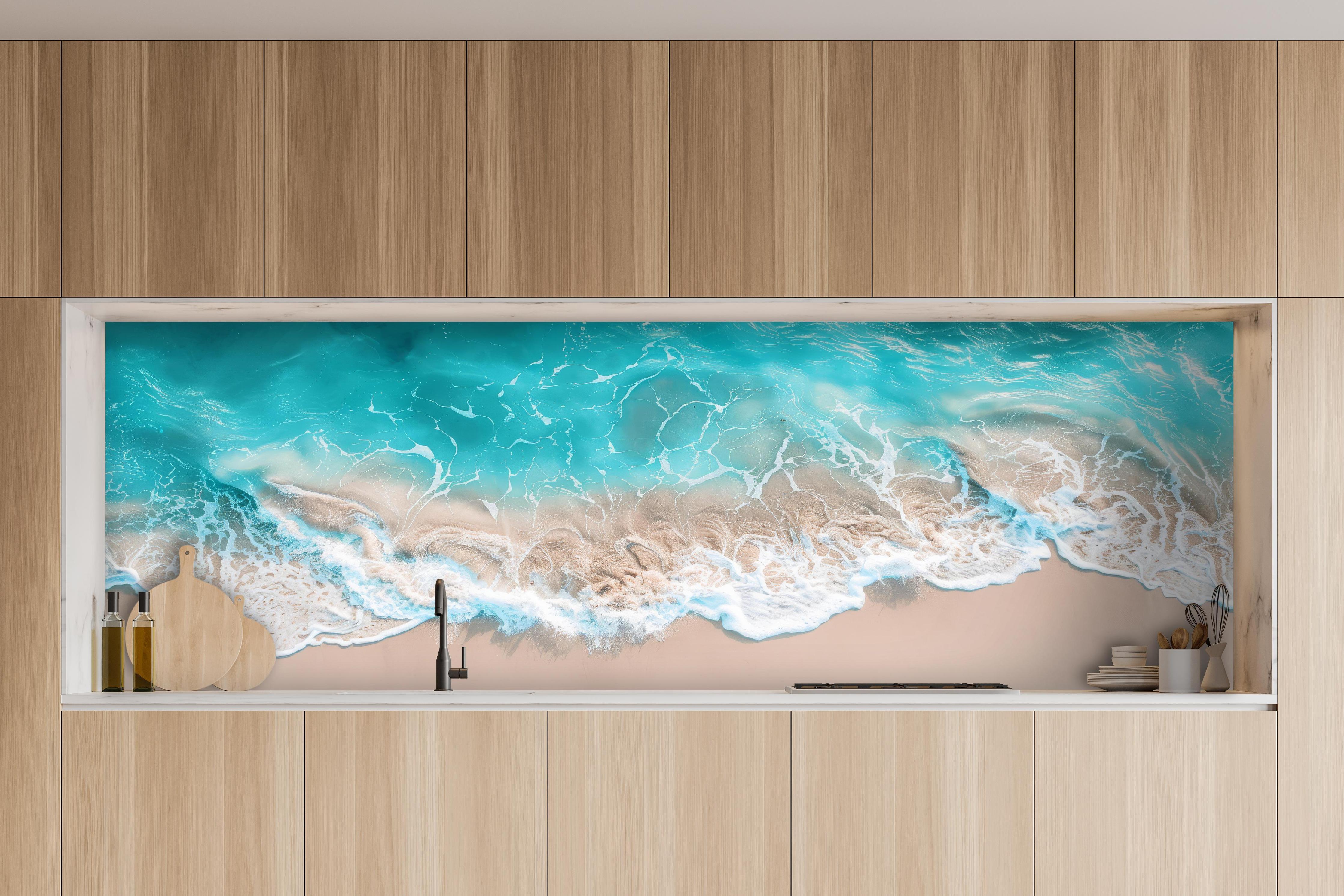 Küche - Idyllischer Sandstrand mit hypnotisierenden türkisfarbenen Wellen hinter weißen Hochglanz-Küchenregalen und schwarzem Wasserhahn