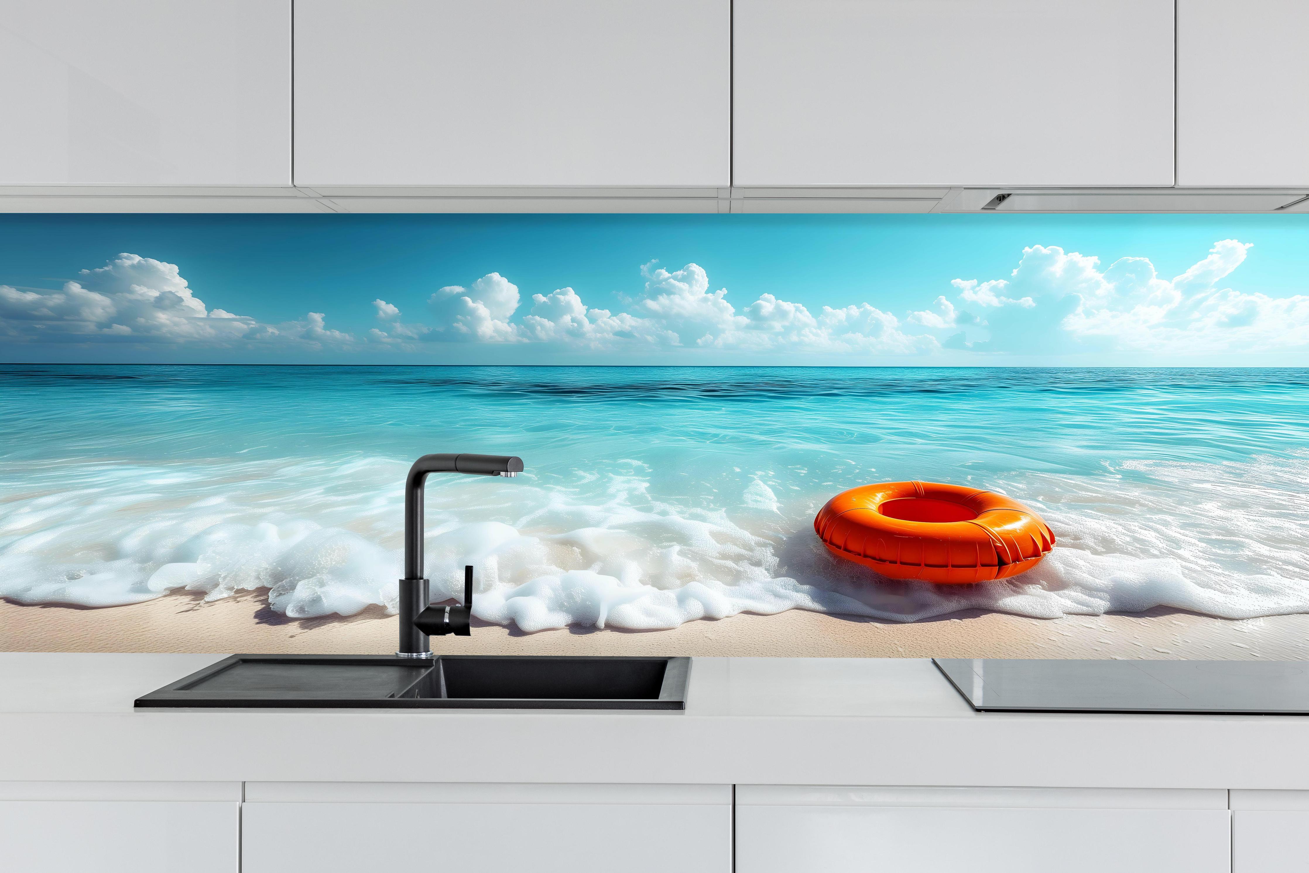 Küche - Idyllischer Strand mit orangefarbener Schwimmringen und klarblauem Wasser hinter weißen Hochglanz-Küchenregalen und schwarzem Wasserhahn