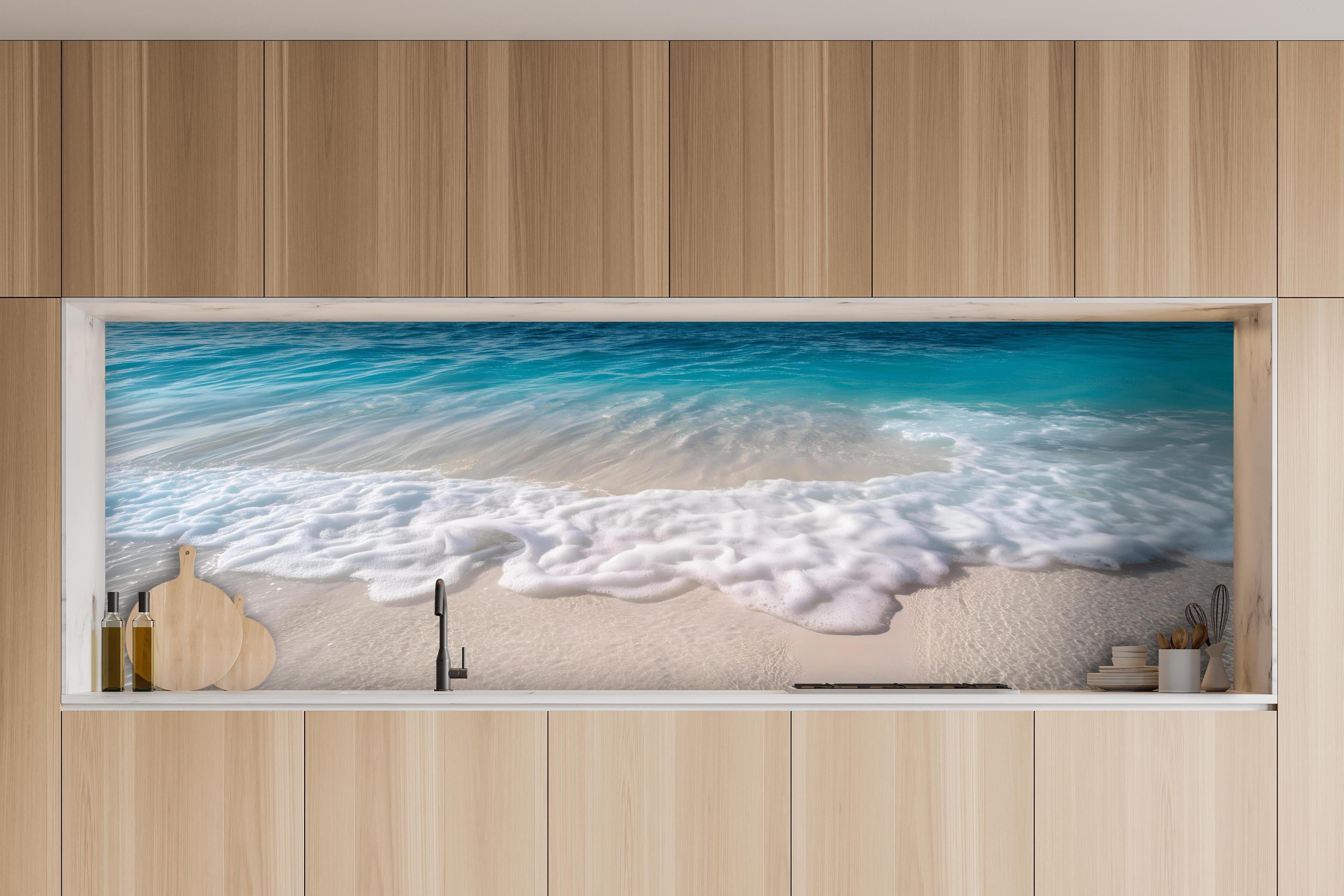 Küche - Idyllischer Strand mit sanften Wellen und weißem Schaum hinter weißen Hochglanz-Küchenregalen und schwarzem Wasserhahn