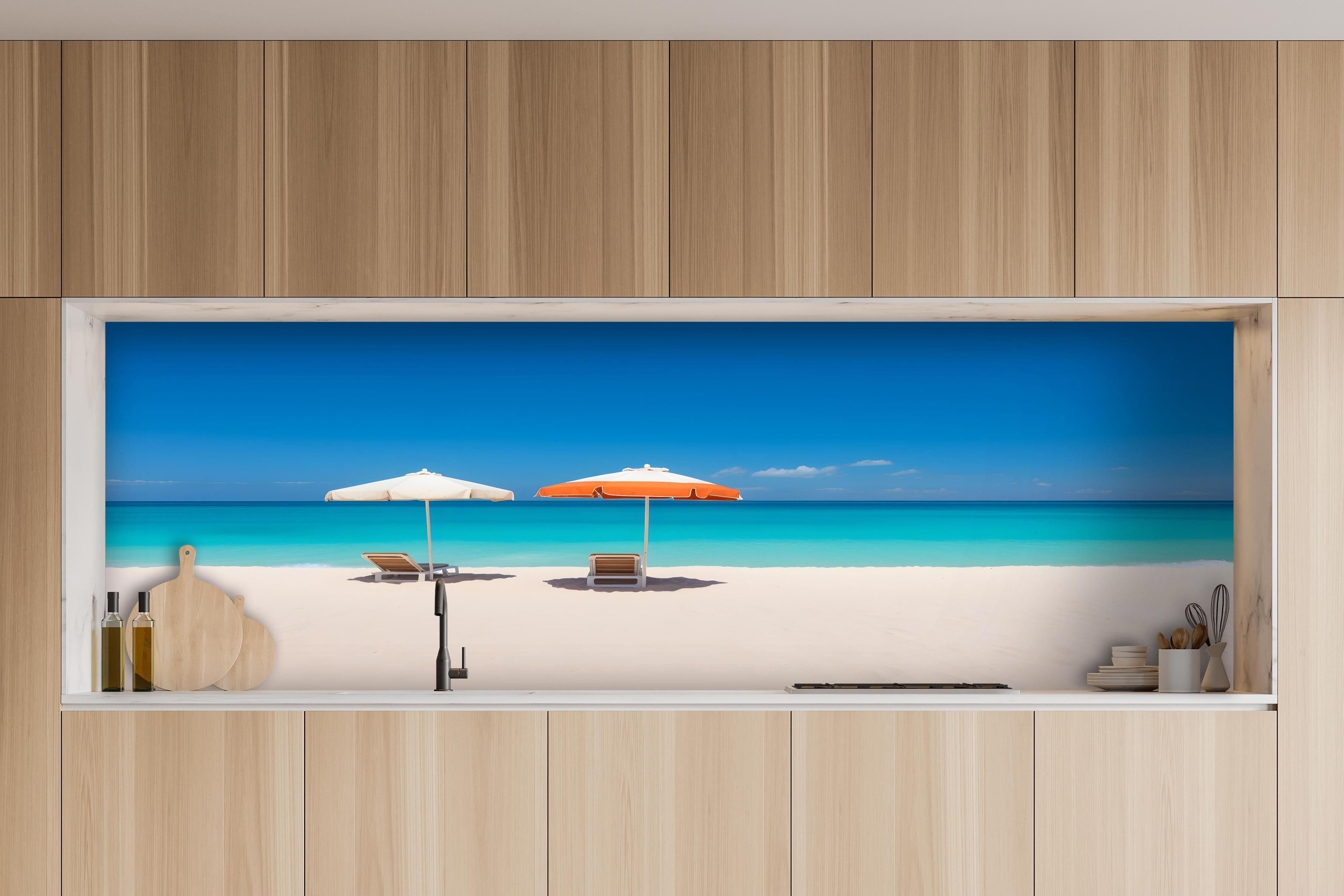 Küche - Idyllischer tropischer Strand mit weißen Sand und sonnigen Schirmen hinter weißen Hochglanz-Küchenregalen und schwarzem Wasserhahn