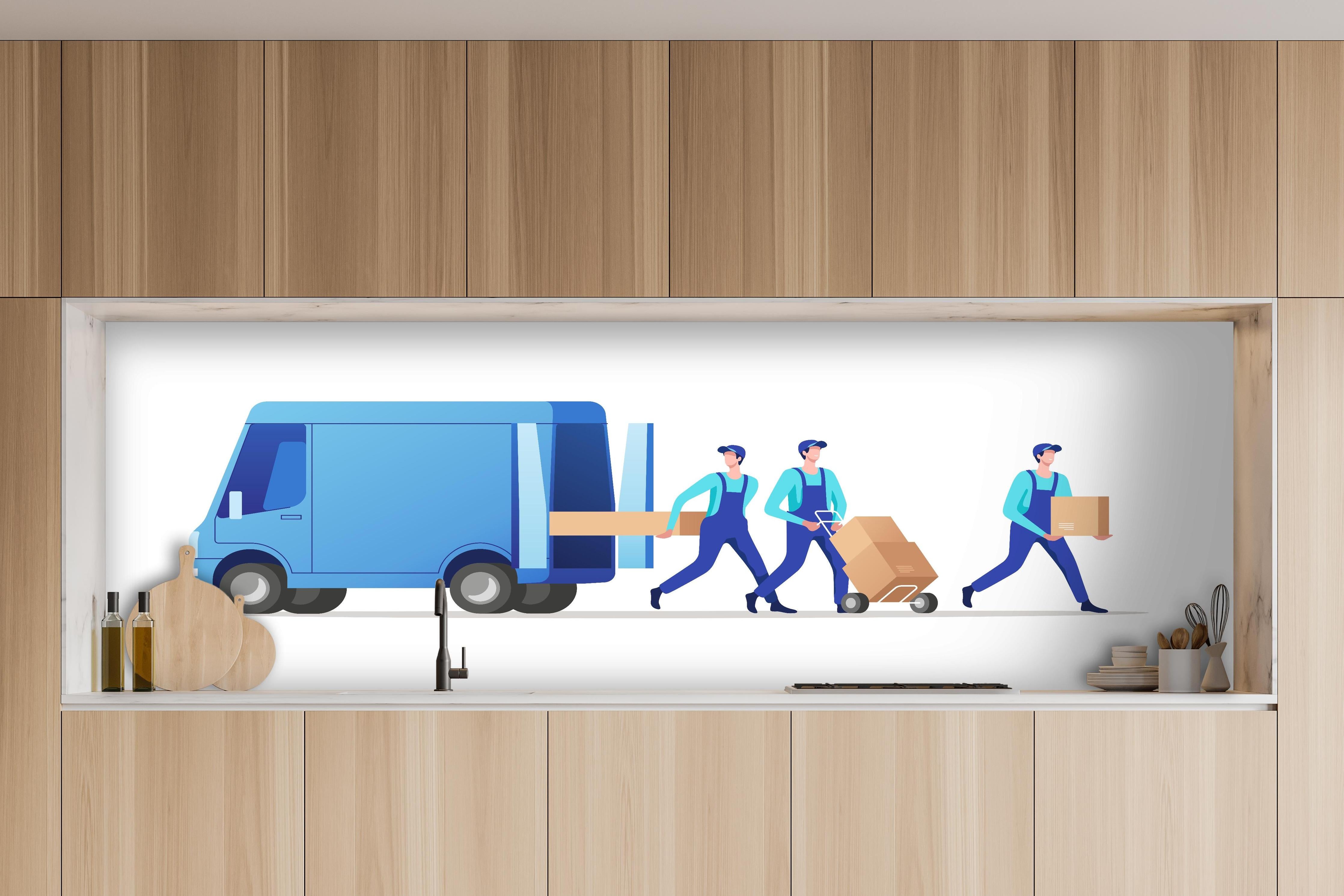 Küche - Illustration Lieferdienst Team Effizienz hinter weißen Hochglanz-Küchenregalen und schwarzem Wasserhahn