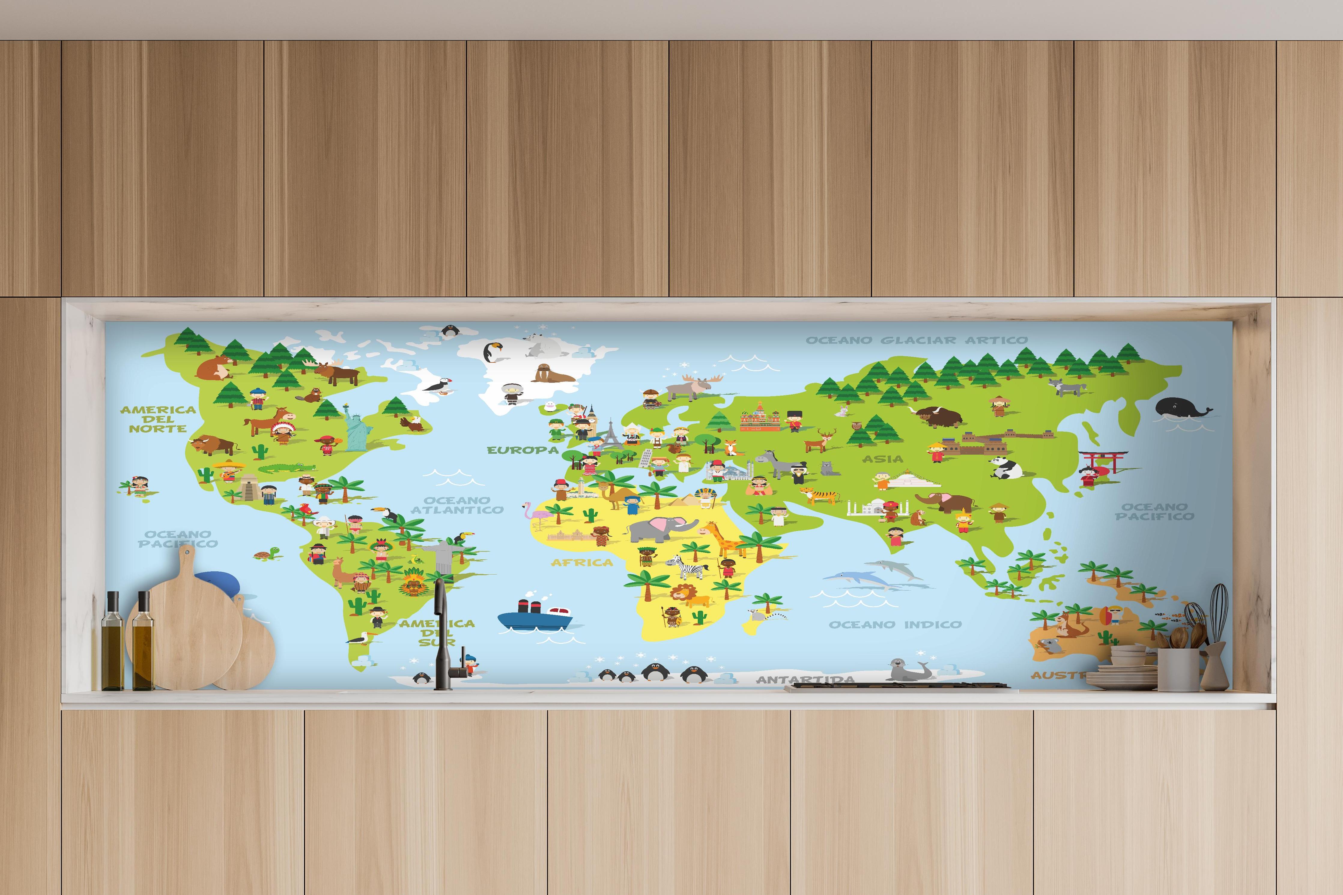 Küche - Illustrative Weltkarte für Kinder Lernspielzeug hinter weißen Hochglanz-Küchenregalen und schwarzem Wasserhahn