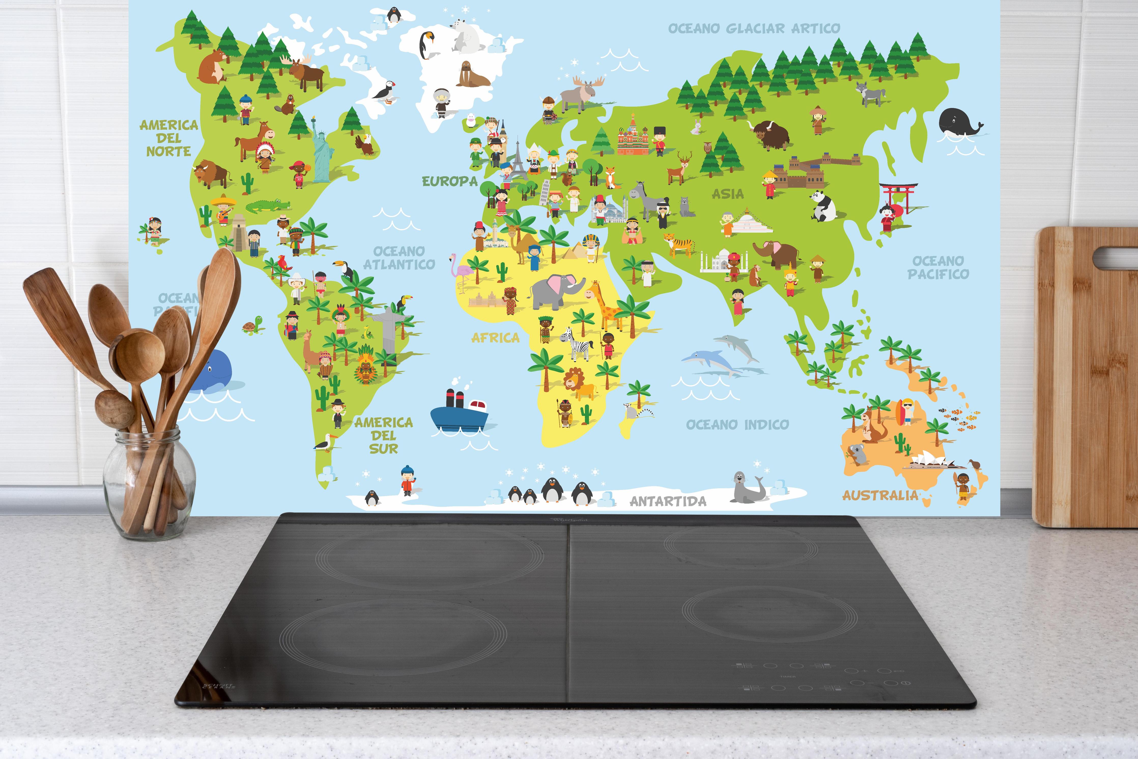 Küche - Illustrative Weltkarte für Kinder Lernspielzeug hinter weißen Hochglanz-Küchenregalen und schwarzem Wasserhahn