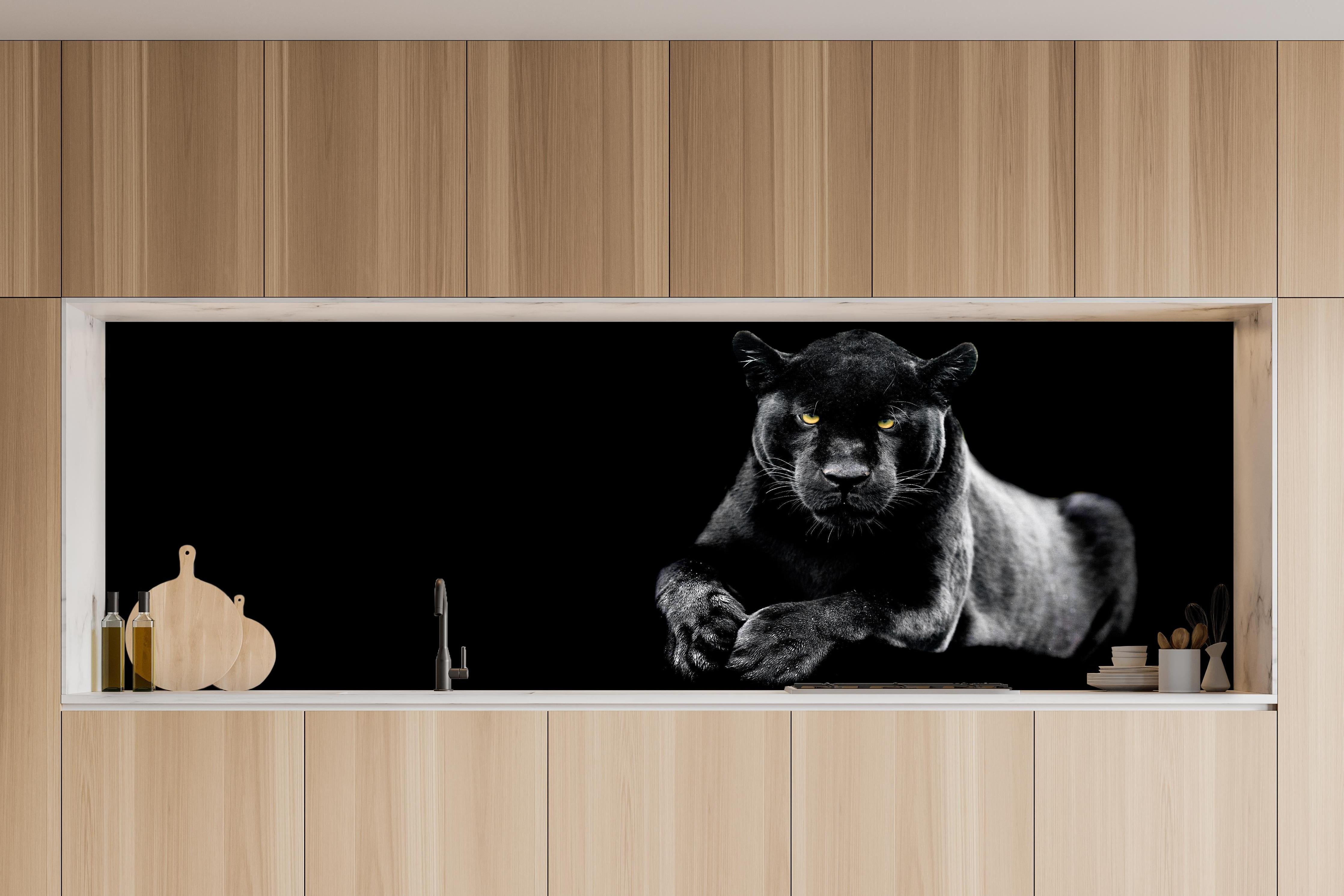 Küche - Jaguar auf schwarzem Hintergrund hinter weißen Hochglanz-Küchenregalen und schwarzem Wasserhahn