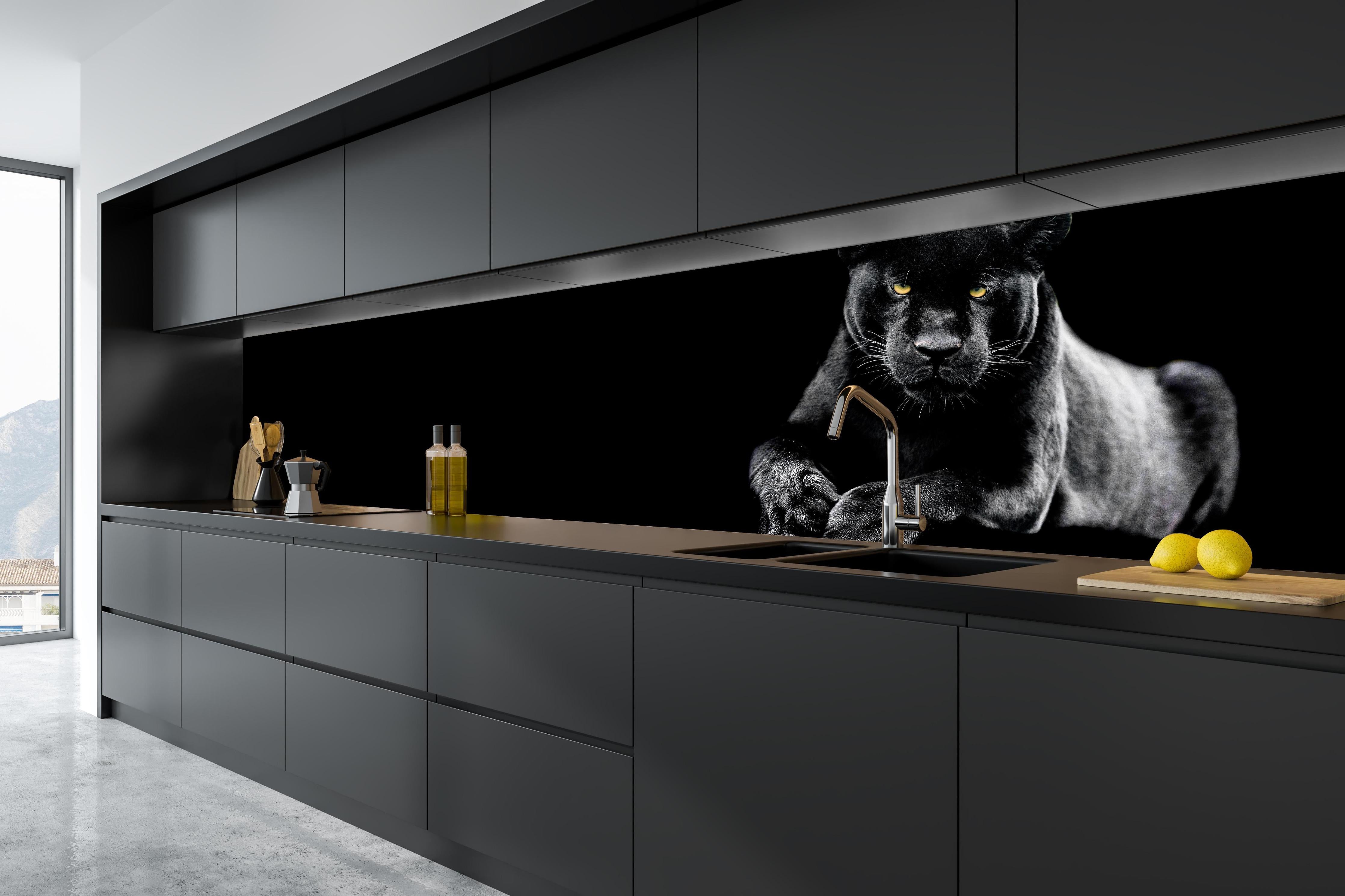 Küche - Jaguar auf schwarzem Hintergrund hinter weißen Hochglanz-Küchenregalen und schwarzem Wasserhahn