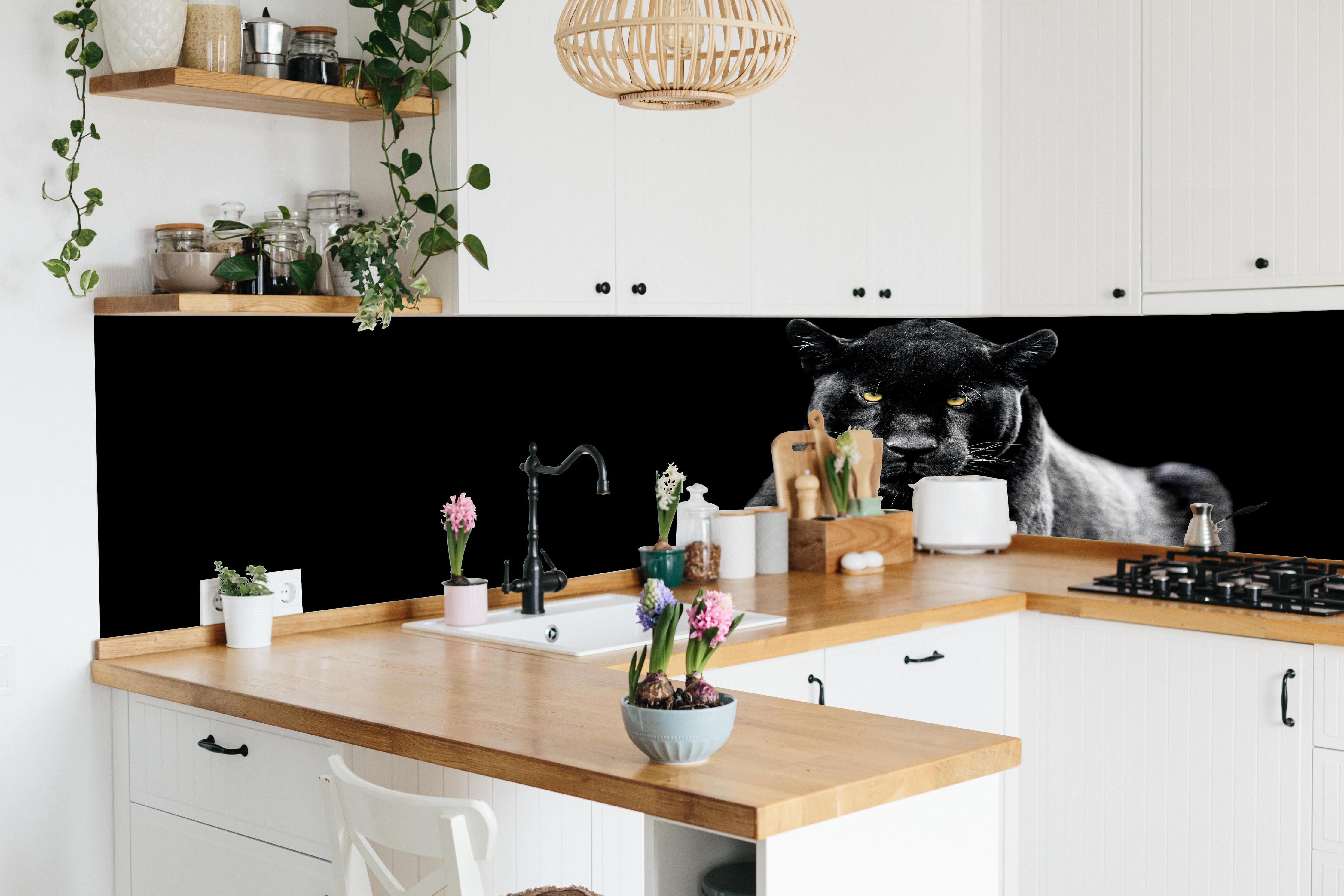 Küche - Jaguar auf schwarzem Hintergrund hinter weißen Hochglanz-Küchenregalen und schwarzem Wasserhahn