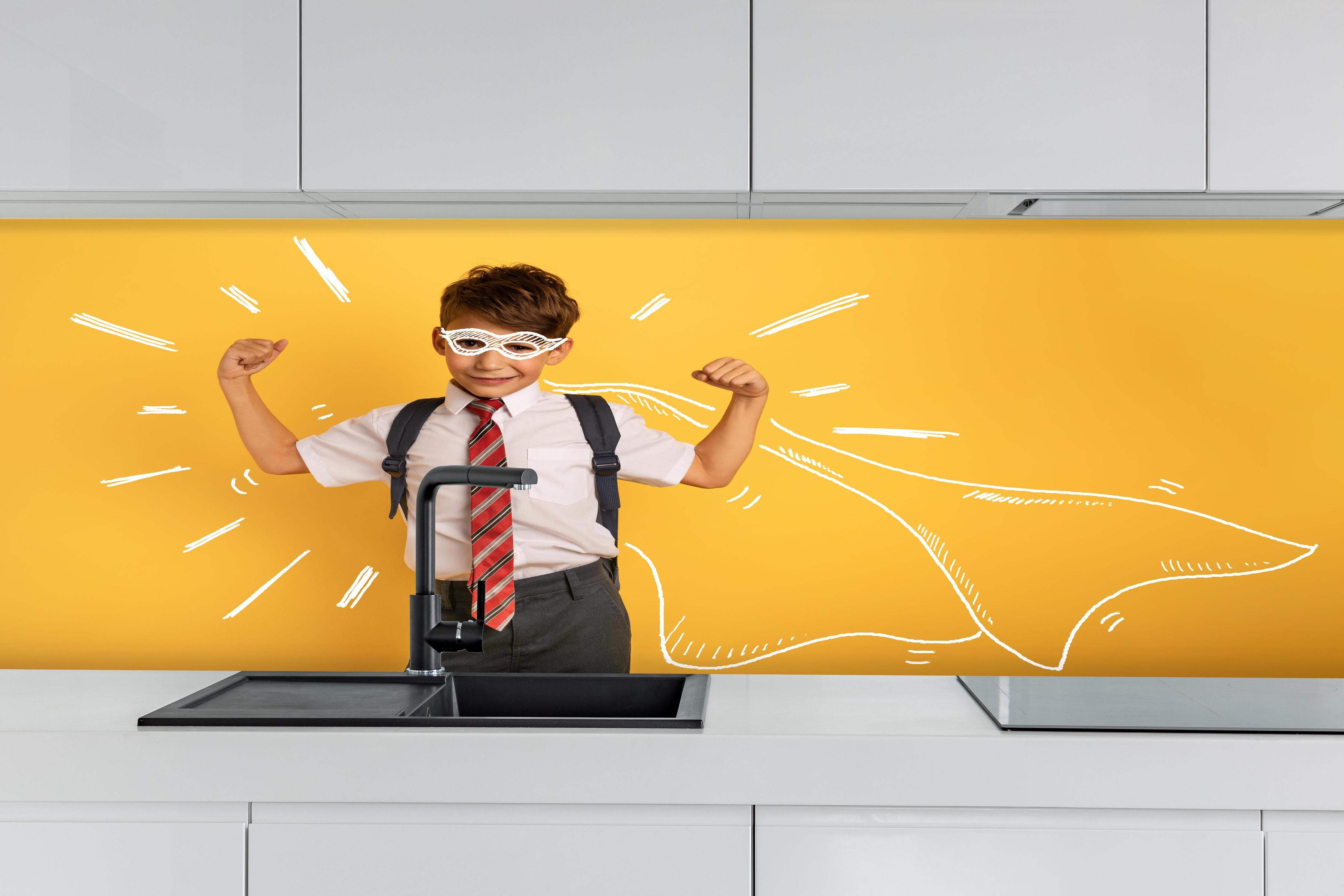 Küche - Junger Schüler hinter weißen Hochglanz-Küchenregalen und schwarzem Wasserhahn