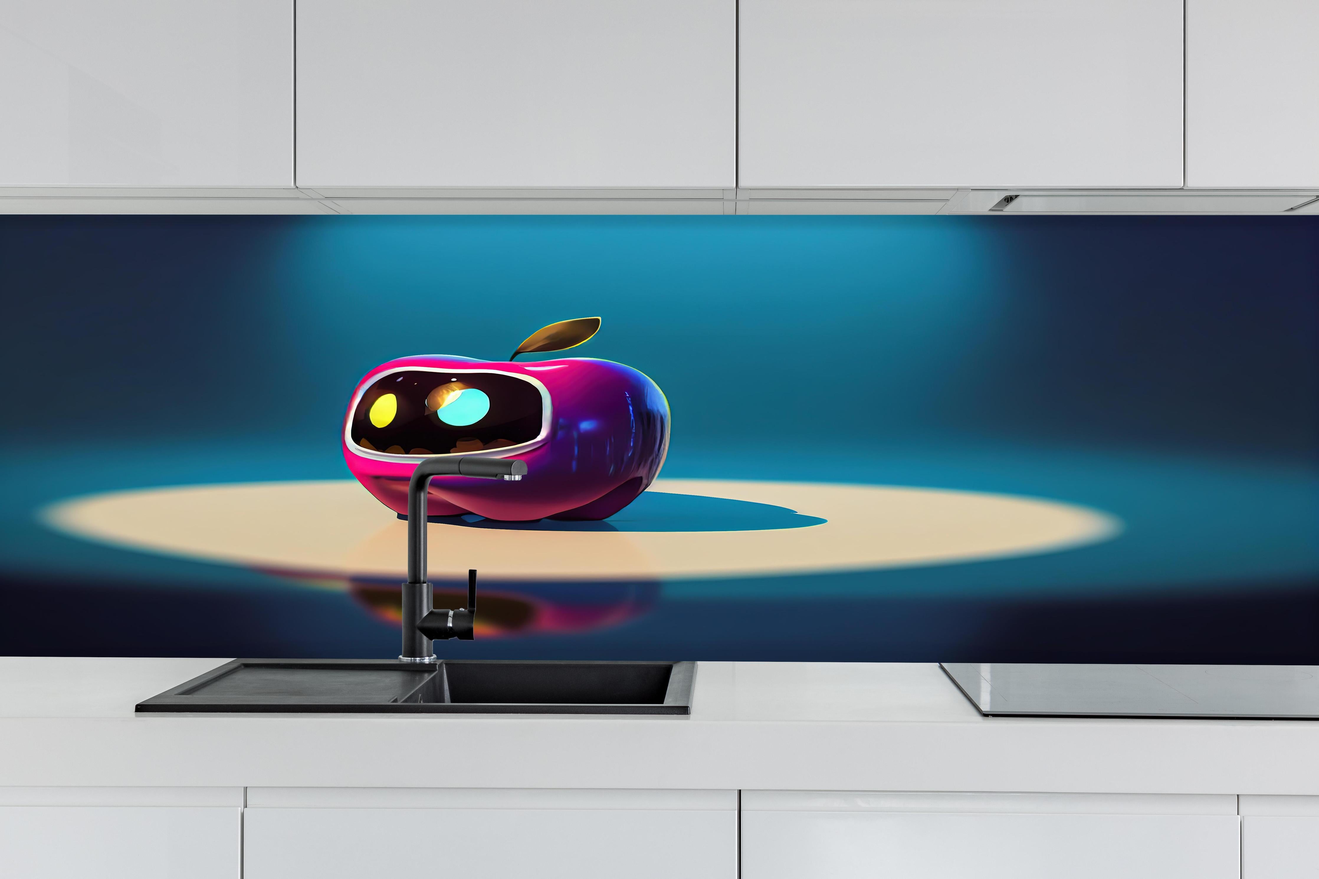 Küche - Kindermotiv - 3D Apfelroboter hinter weißen Hochglanz-Küchenregalen und schwarzem Wasserhahn