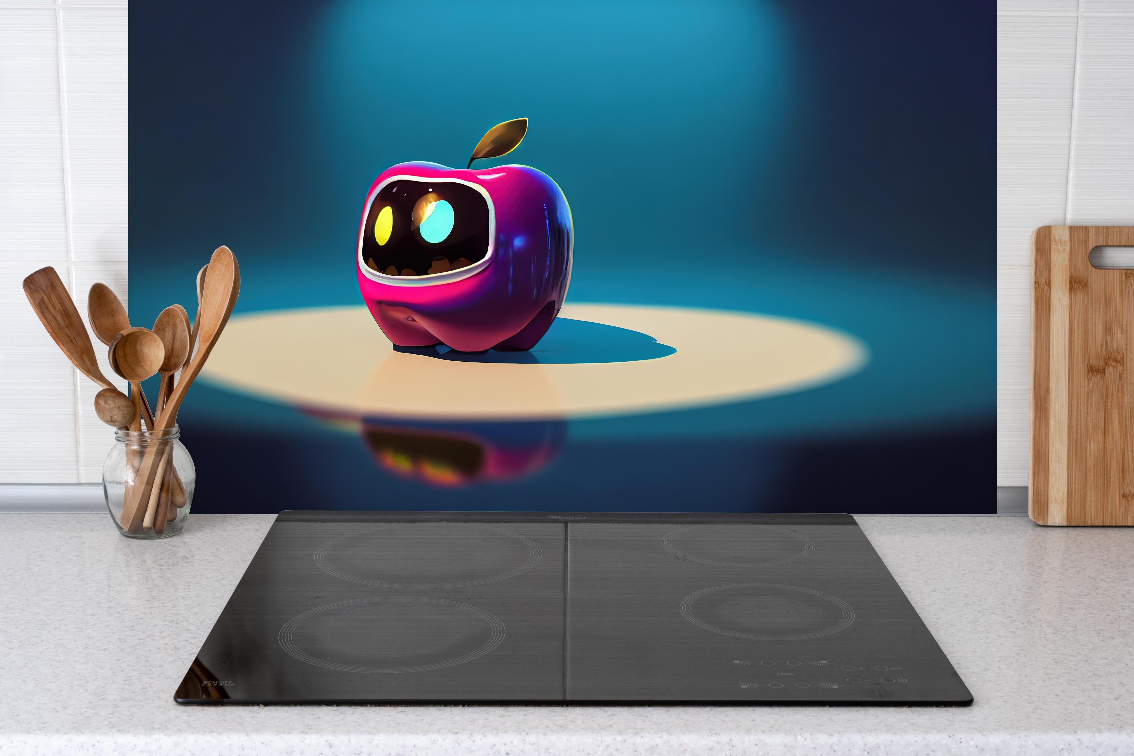 Küche - Kindermotiv - 3D Apfelroboter hinter weißen Hochglanz-Küchenregalen und schwarzem Wasserhahn