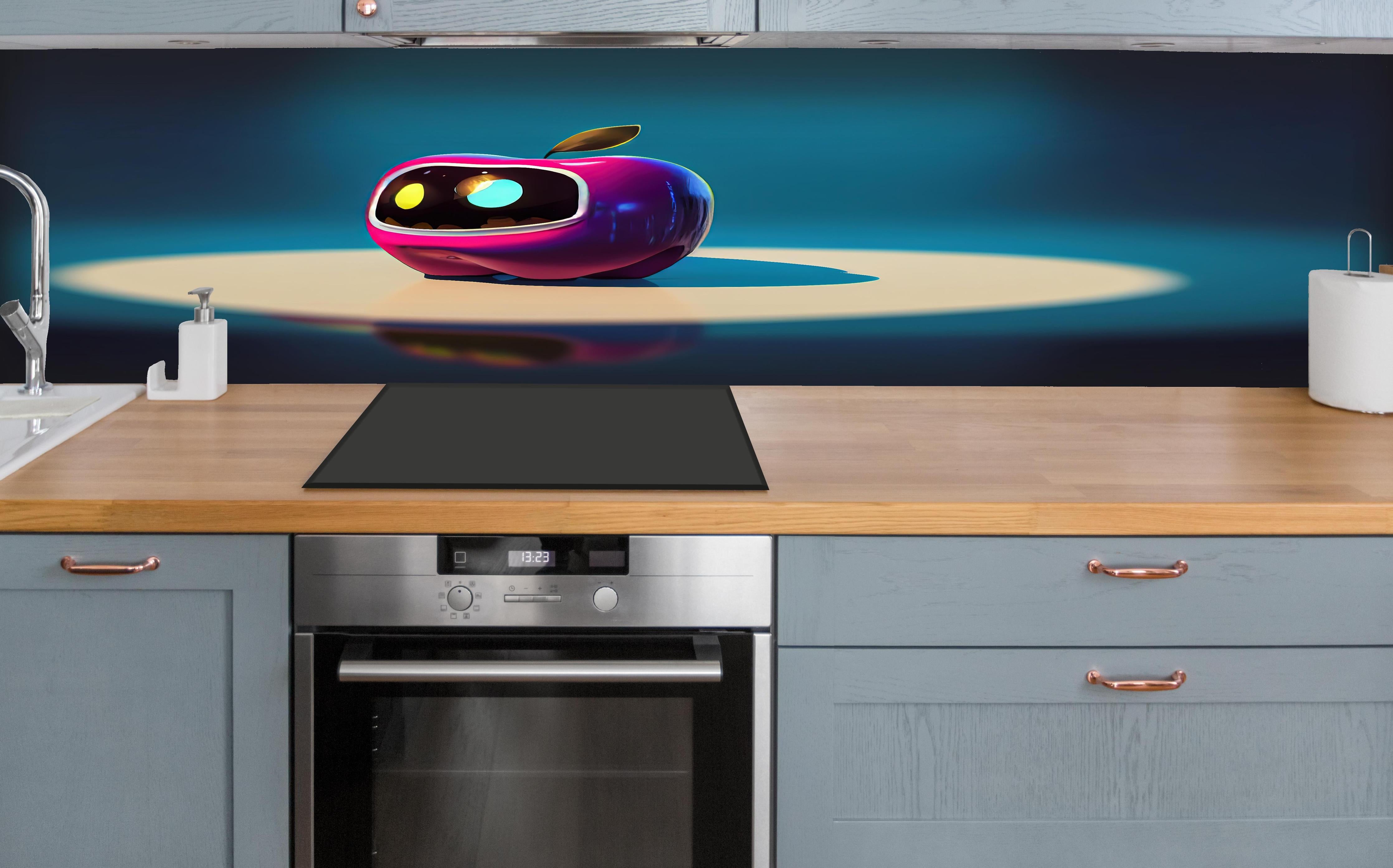 Küche - Kindermotiv - 3D Apfelroboter hinter weißen Hochglanz-Küchenregalen und schwarzem Wasserhahn