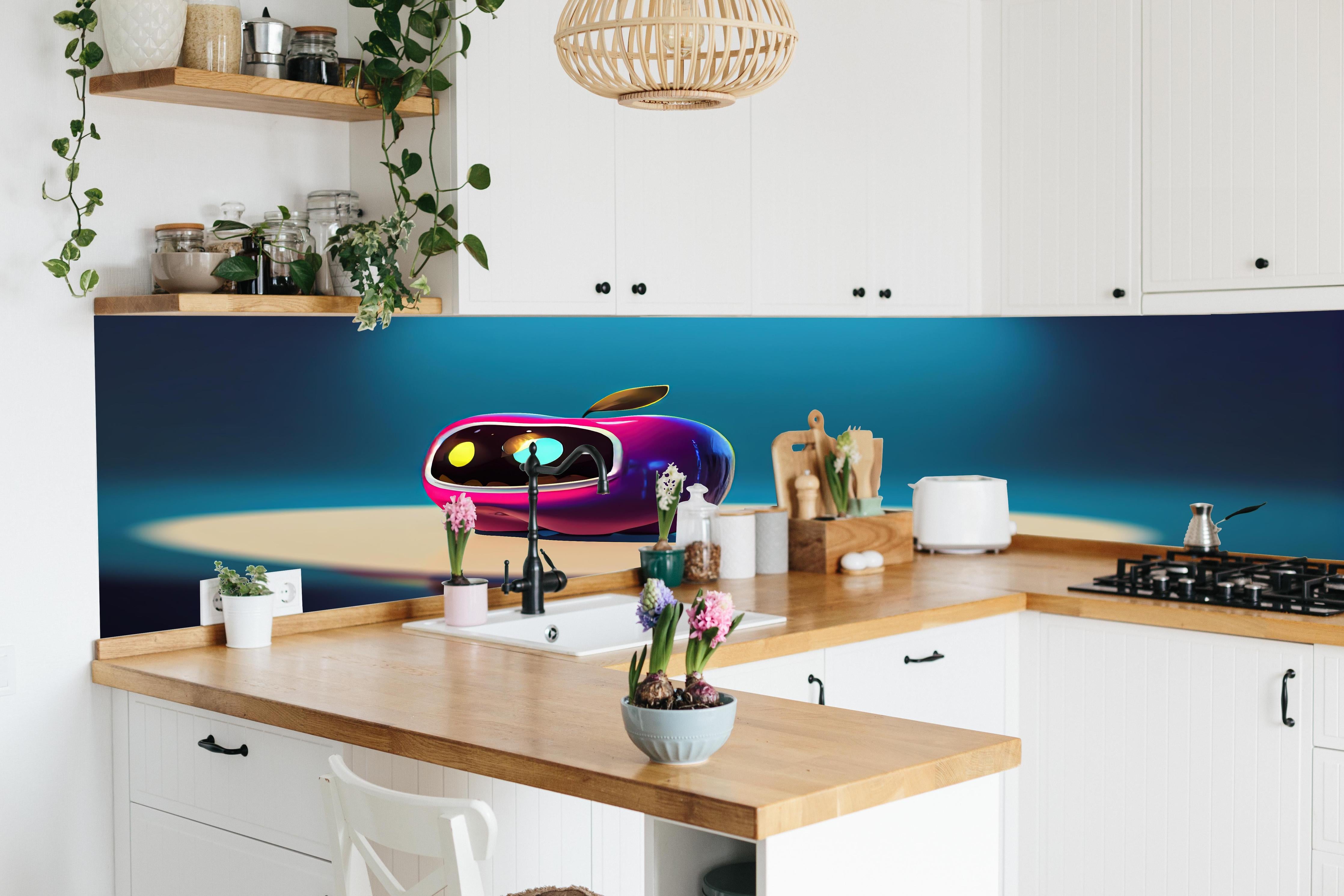 Küche - Kindermotiv - 3D Apfelroboter hinter weißen Hochglanz-Küchenregalen und schwarzem Wasserhahn