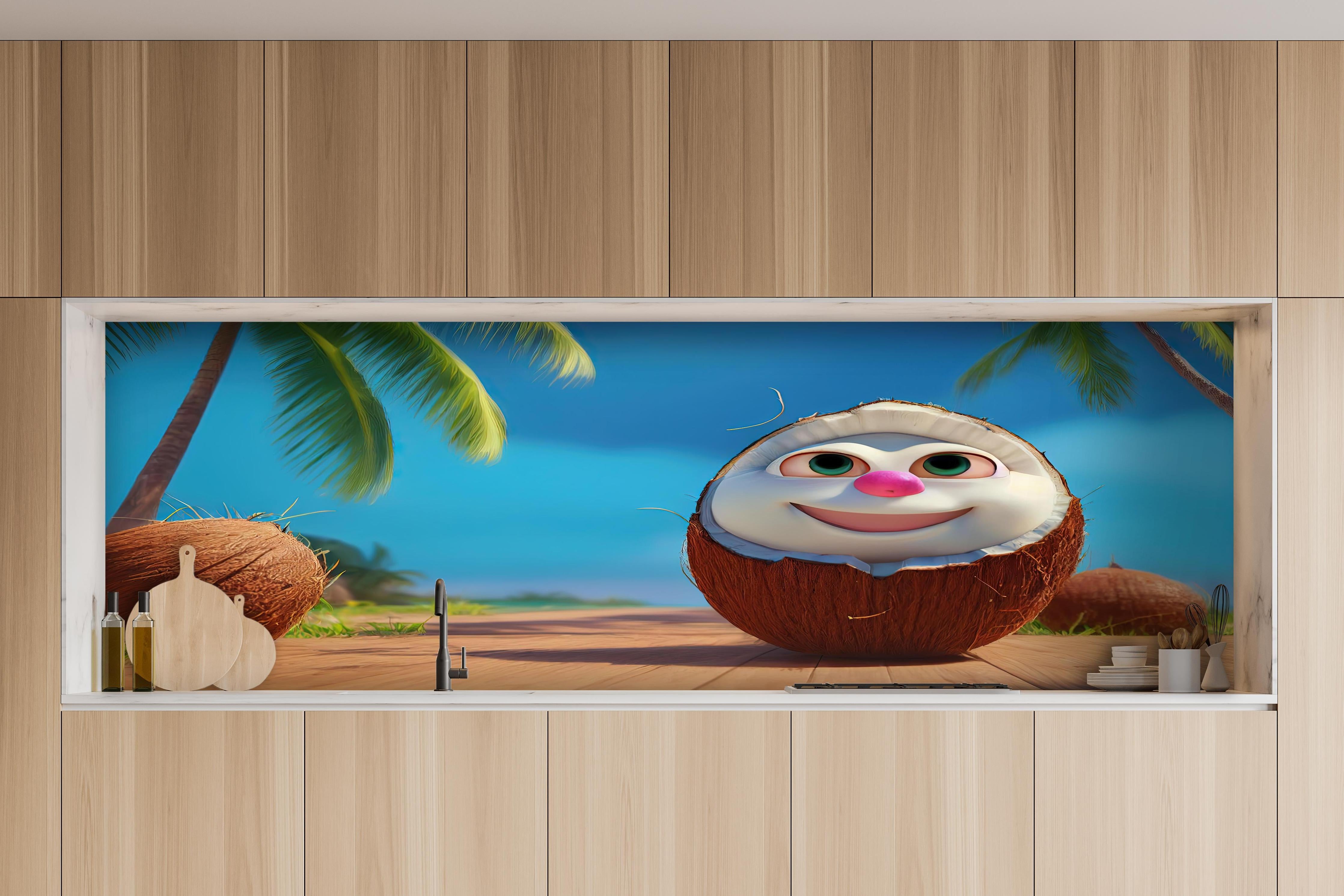 Küche - Kindermotiv - 3D Kokosnuss Charakter unter Palmen hinter weißen Hochglanz-Küchenregalen und schwarzem Wasserhahn