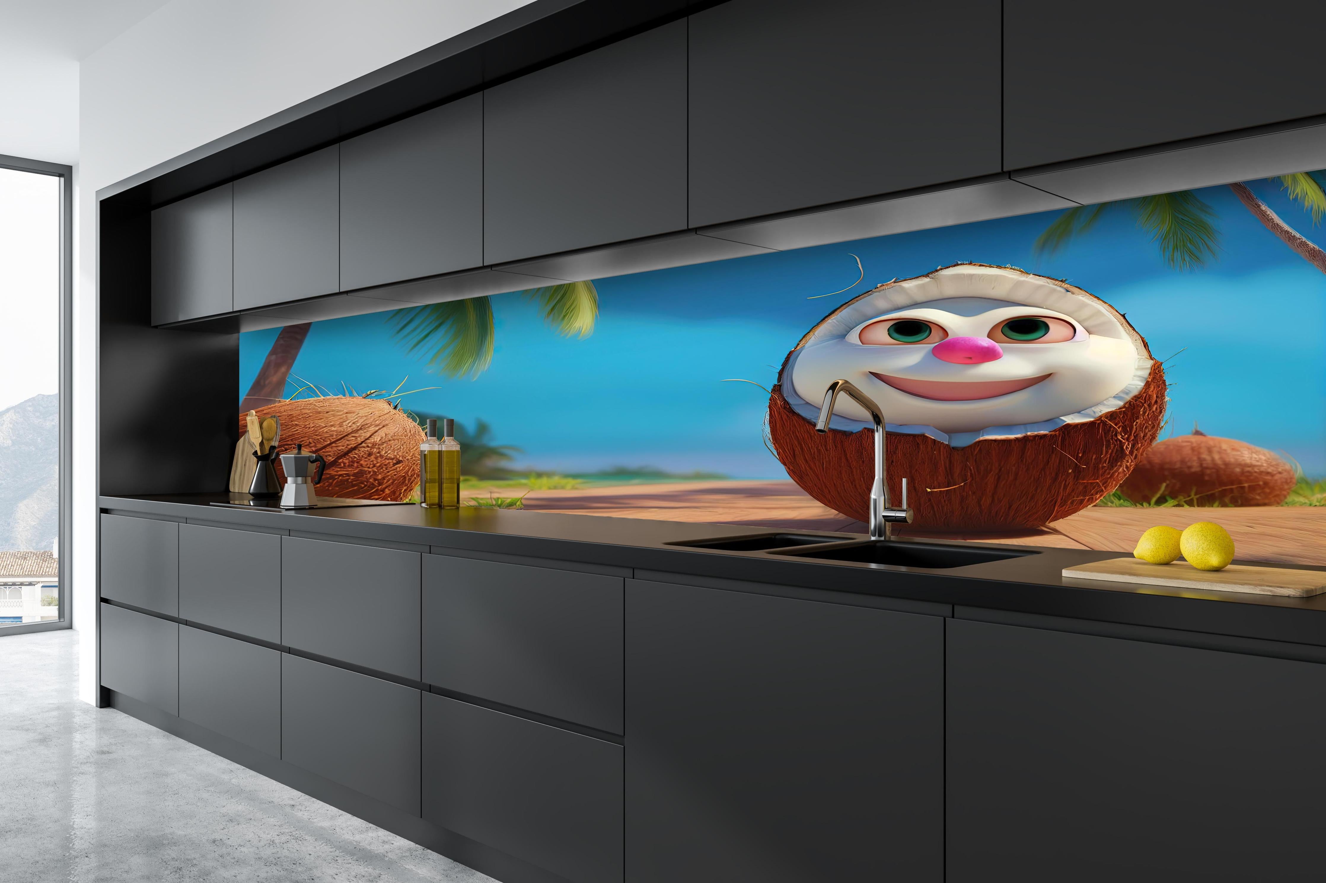 Küche - Kindermotiv - 3D Kokosnuss Charakter unter Palmen hinter weißen Hochglanz-Küchenregalen und schwarzem Wasserhahn