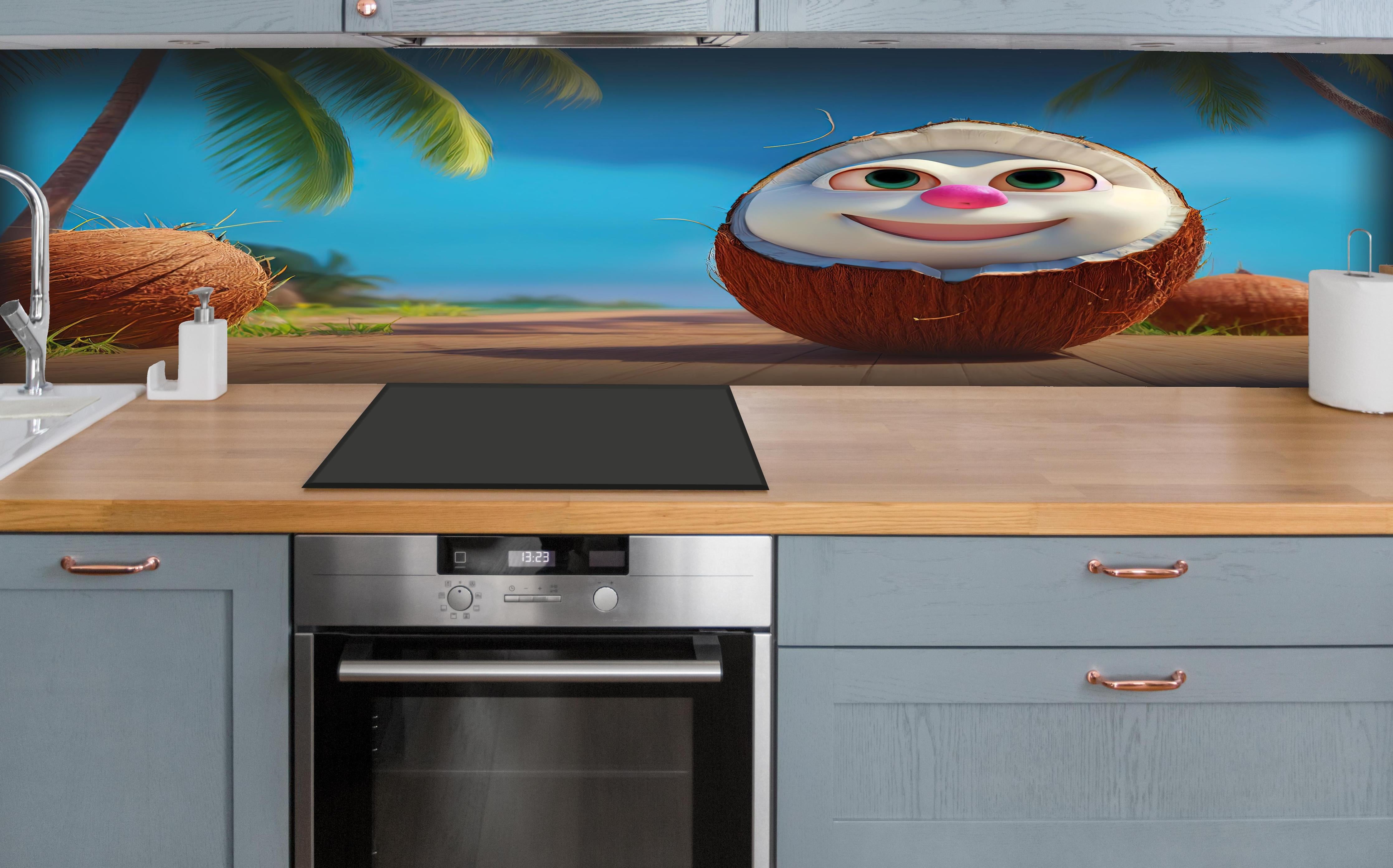 Küche - Kindermotiv - 3D Kokosnuss Charakter unter Palmen hinter weißen Hochglanz-Küchenregalen und schwarzem Wasserhahn