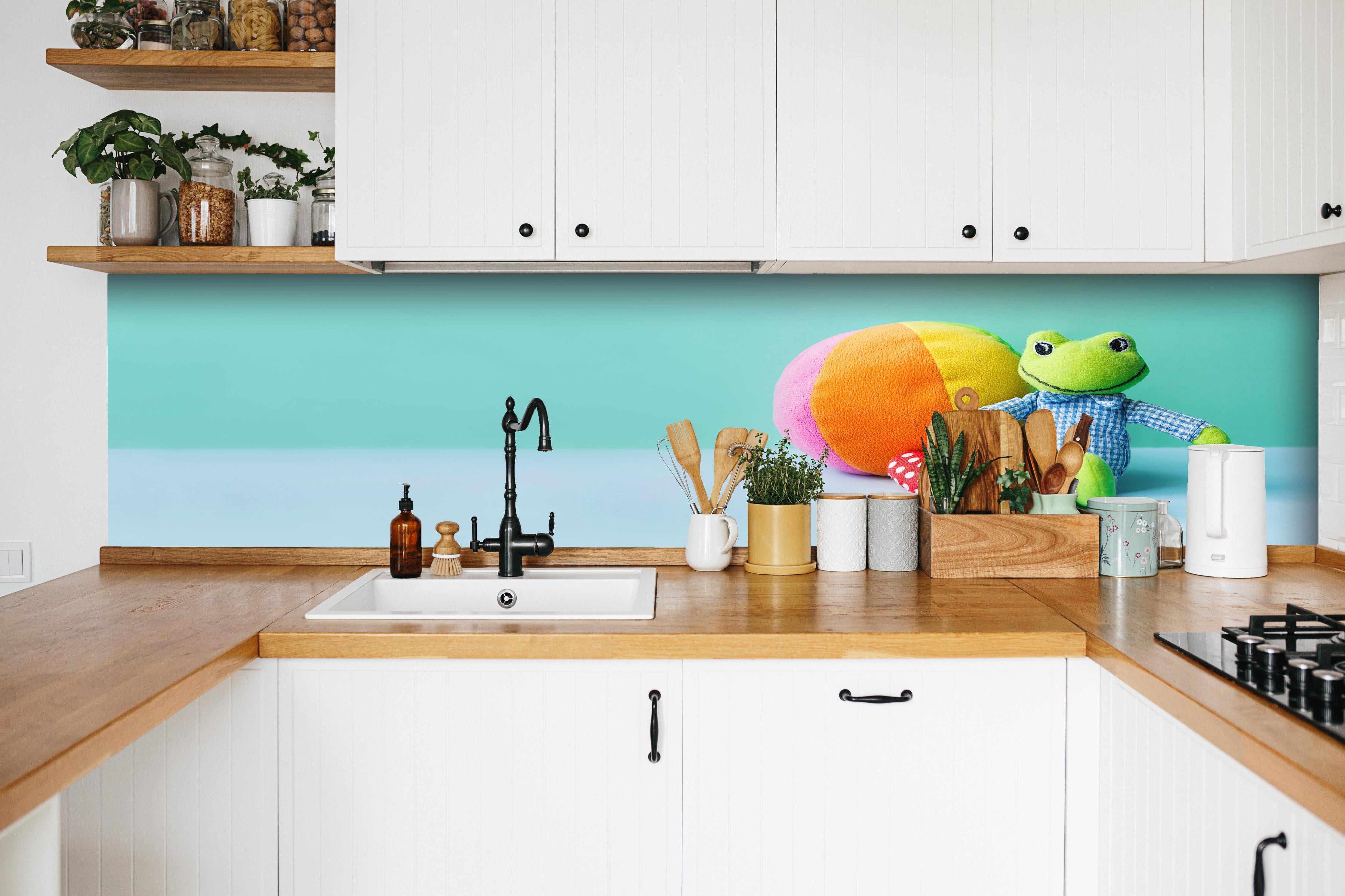 Küche - Kinderspielzeug Kleiner Frosch hinter weißen Hochglanz-Küchenregalen und schwarzem Wasserhahn