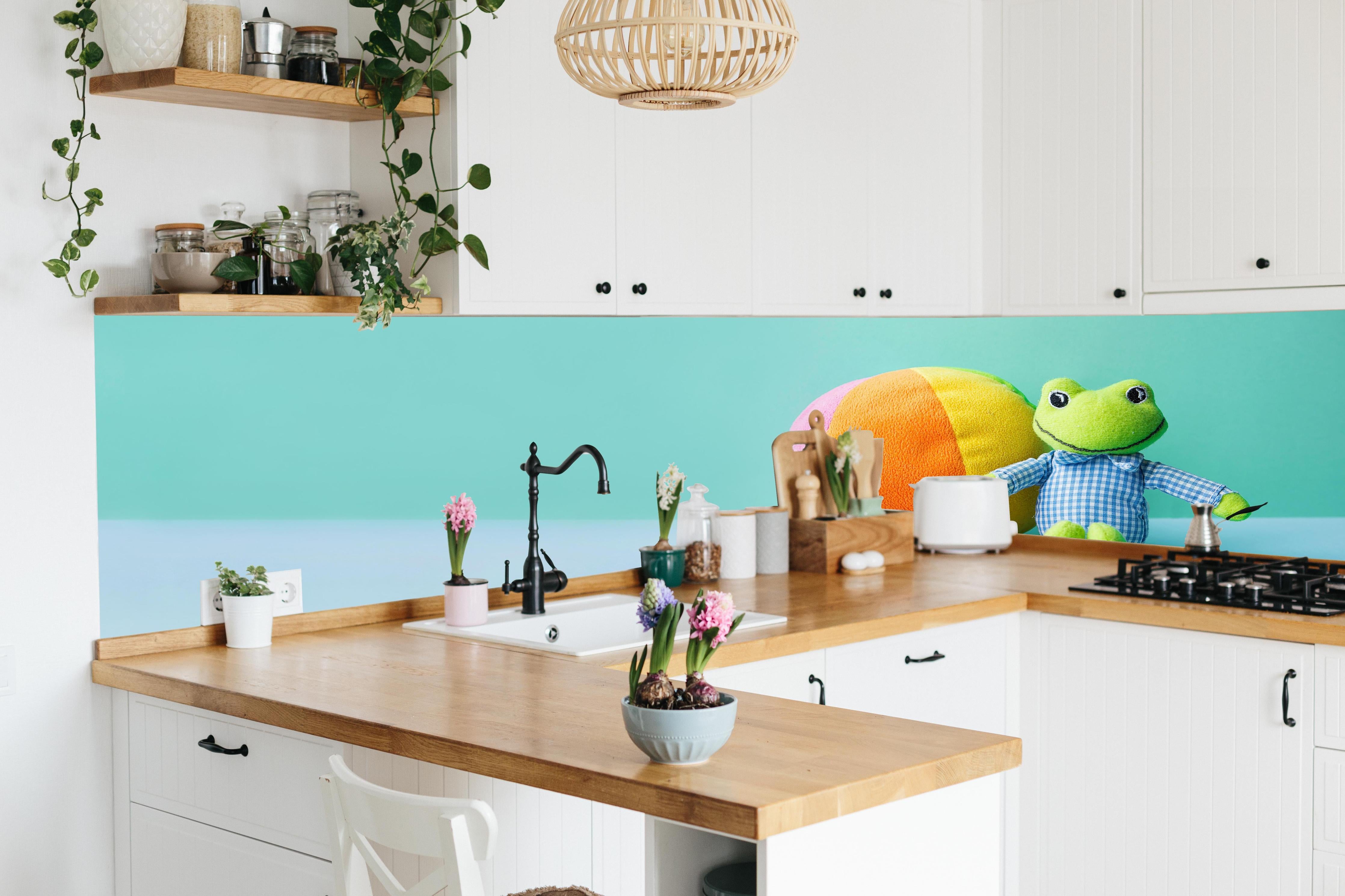 Küche - Kinderspielzeug Kleiner Frosch hinter weißen Hochglanz-Küchenregalen und schwarzem Wasserhahn