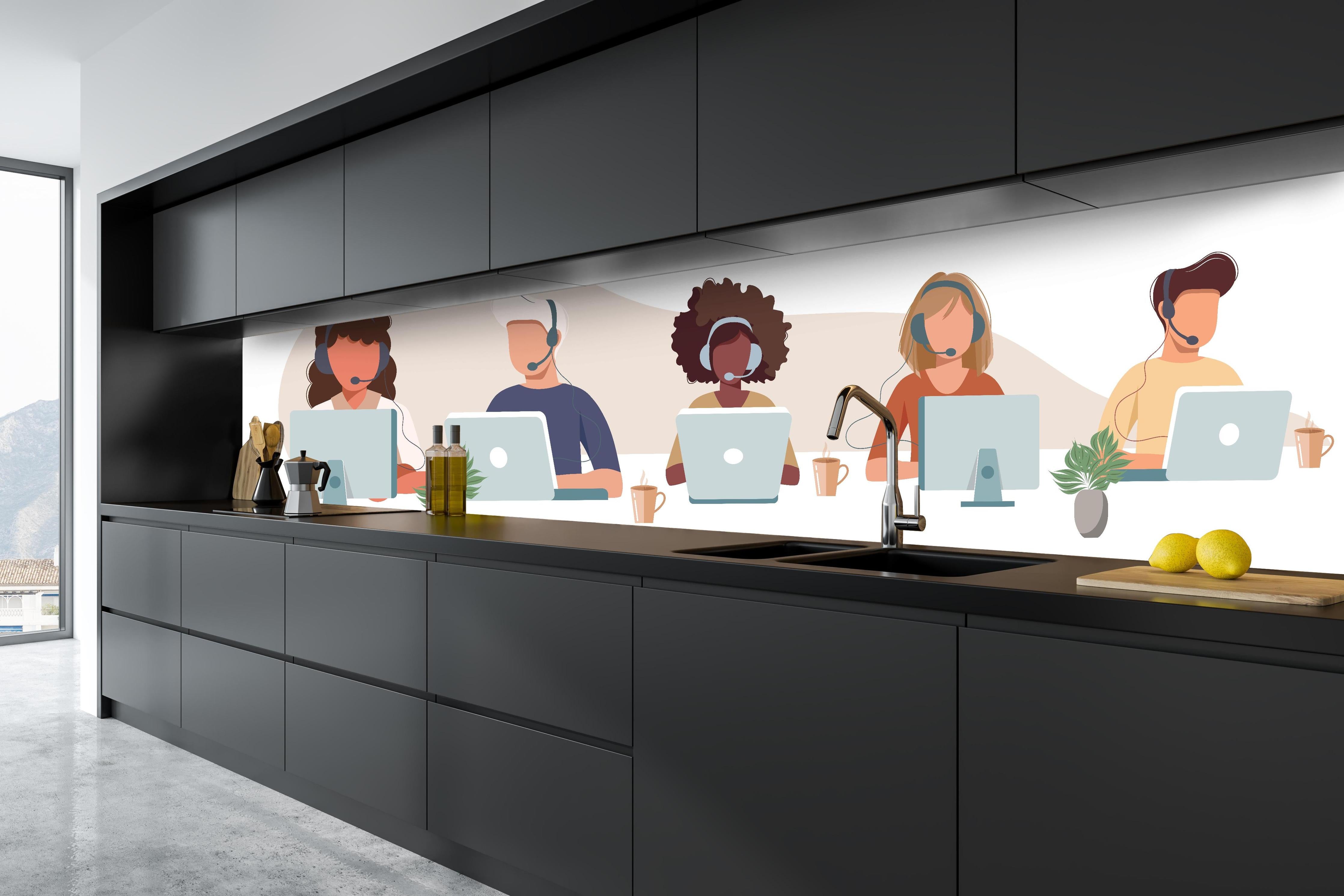 Küche - Kreatives Team bei der Arbeit Illustration hinter weißen Hochglanz-Küchenregalen und schwarzem Wasserhahn