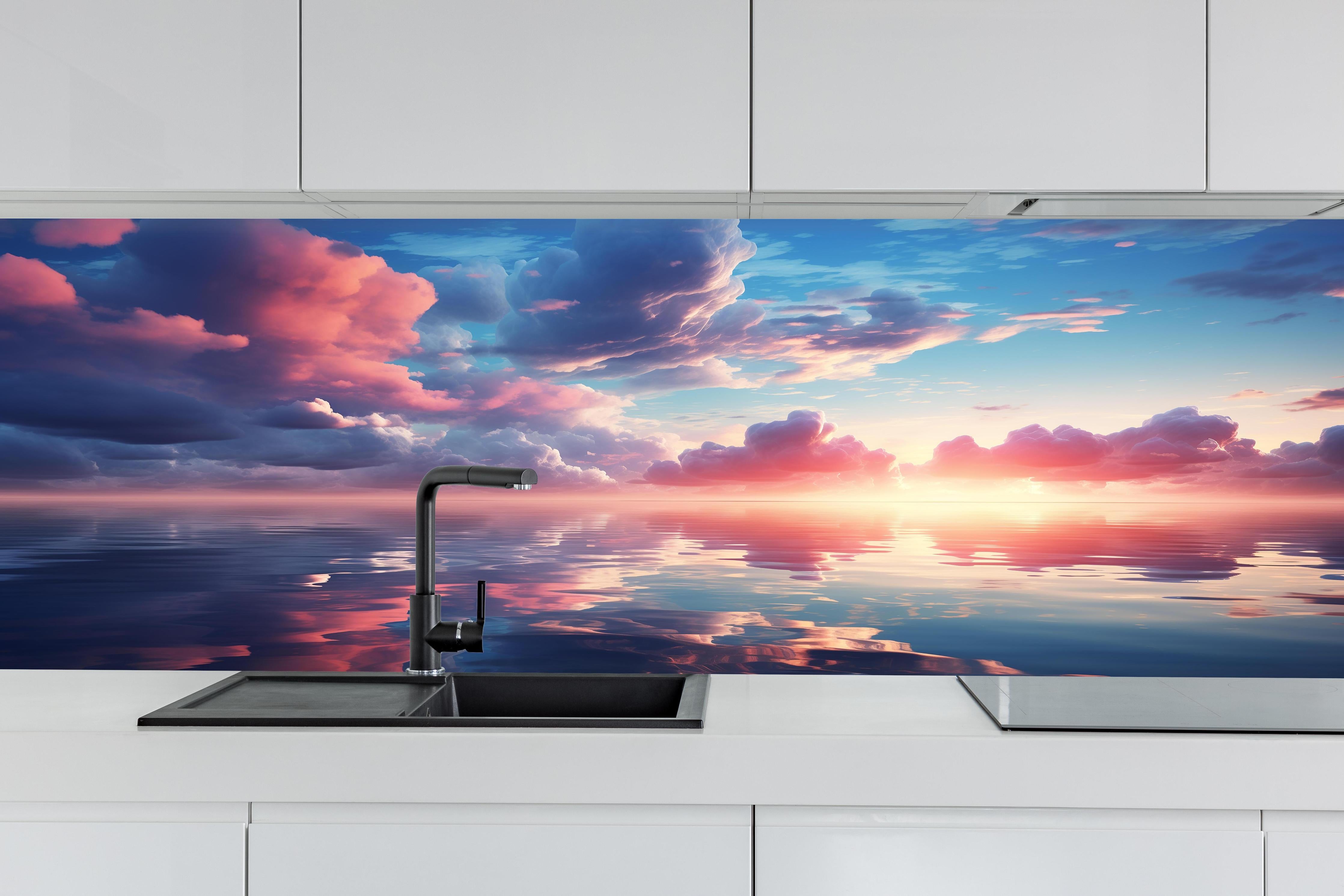 Küche - Abendrot über stillen Wellen hinter weißen Hochglanz-Küchenregalen und schwarzem Wasserhahn