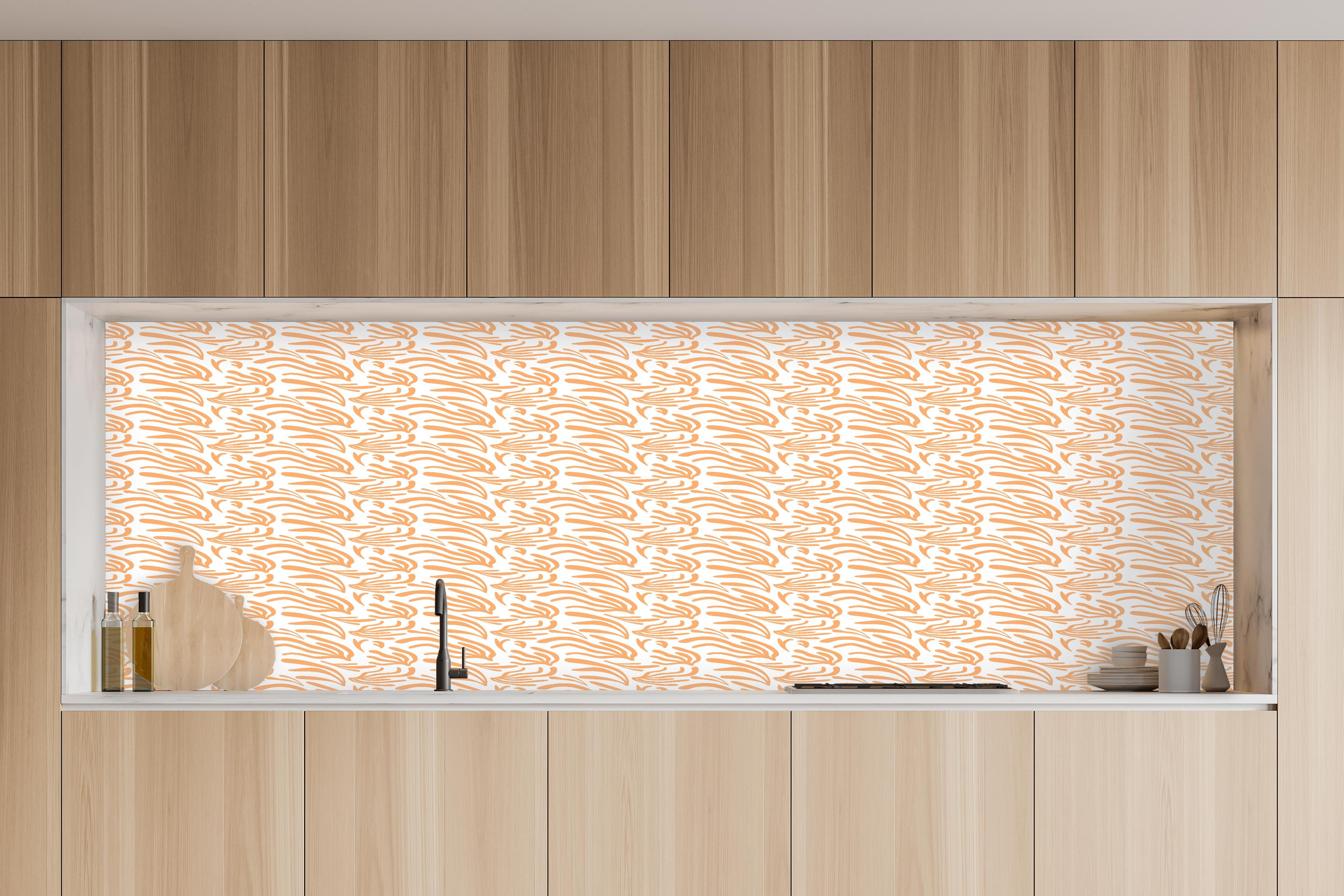 Küche - Abstraktes Korallenmuster Orange Weiß in charakteristischer Vollholz-Küche mit modernem Gasherd