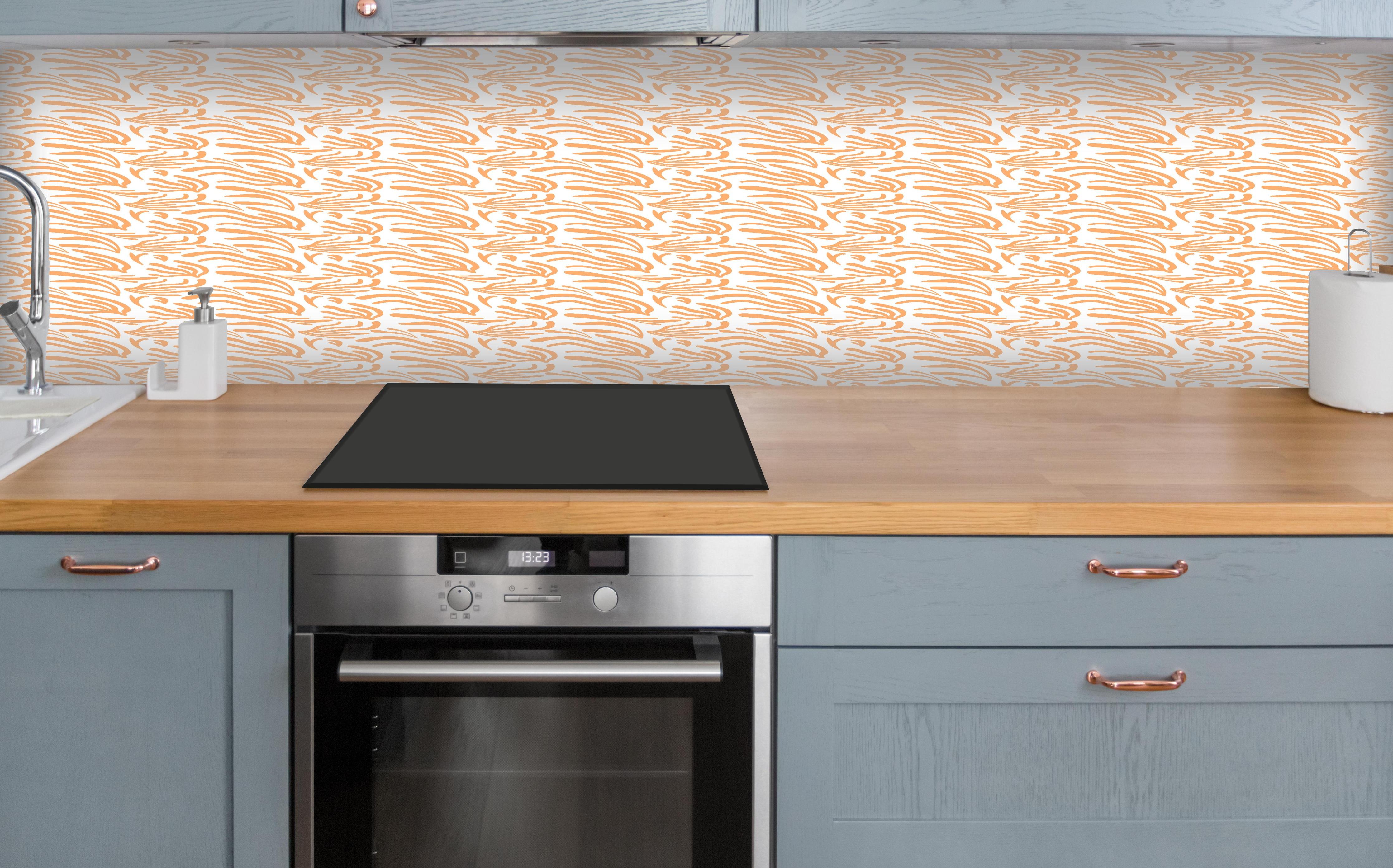 Küche - Abstraktes Korallenmuster Orange Weiß über polierter Holzarbeitsplatte mit Cerankochfeld