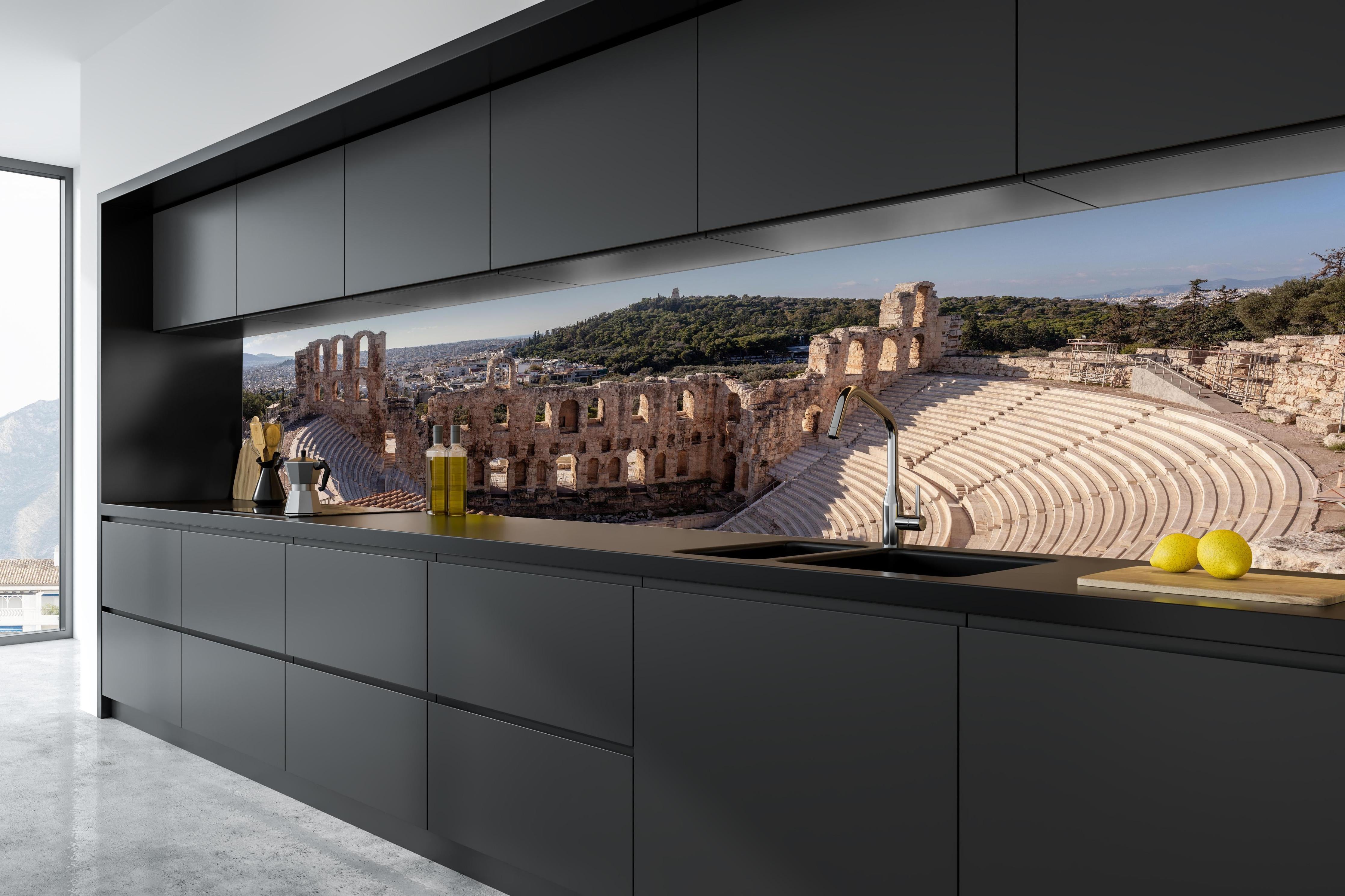 Küche - Akropolis Amphitheater Athen Panorama in tiefschwarzer matt-premium Einbauküche