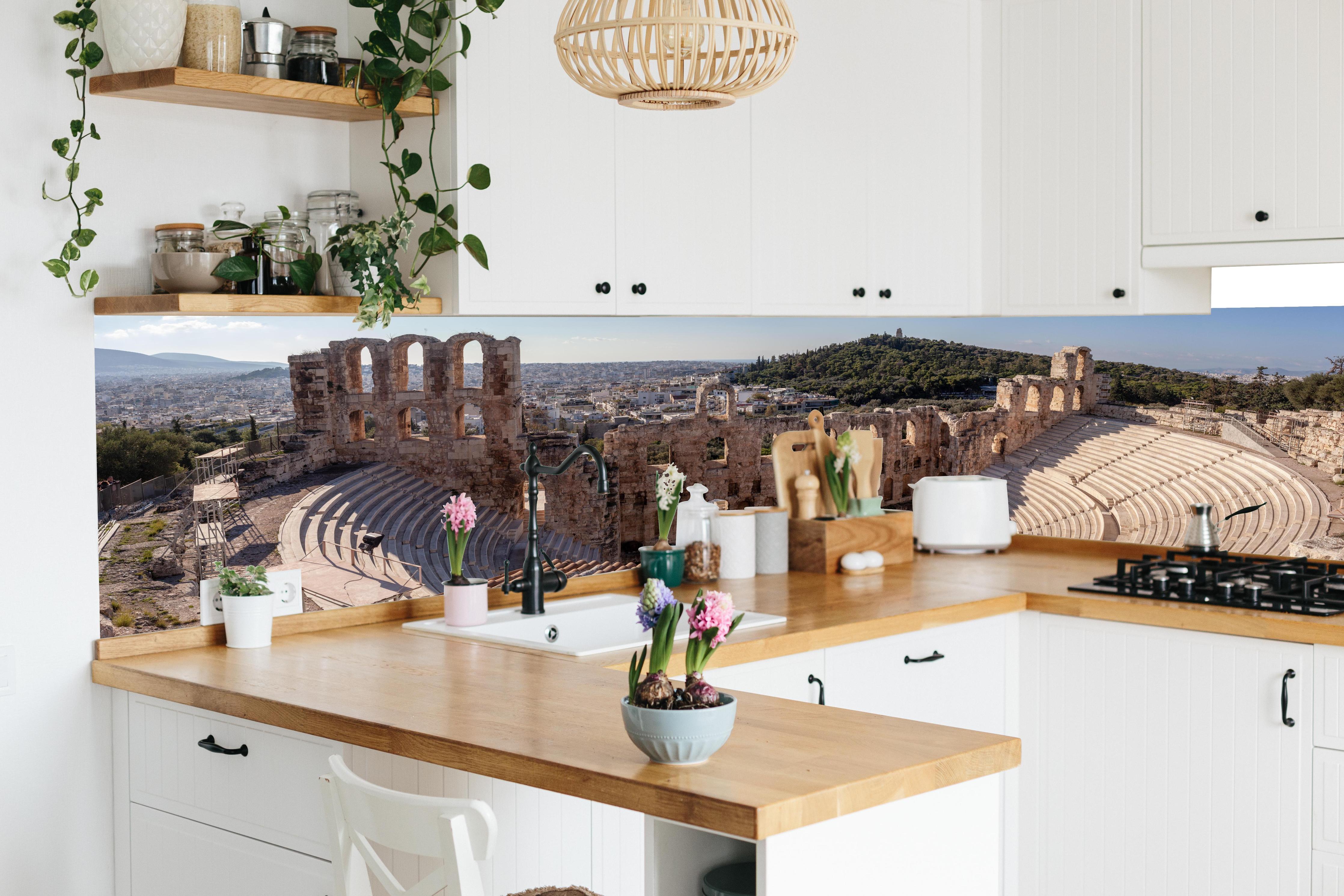 Küche - Akropolis Amphitheater Athen Panorama in lebendiger Küche mit bunten Blumen
