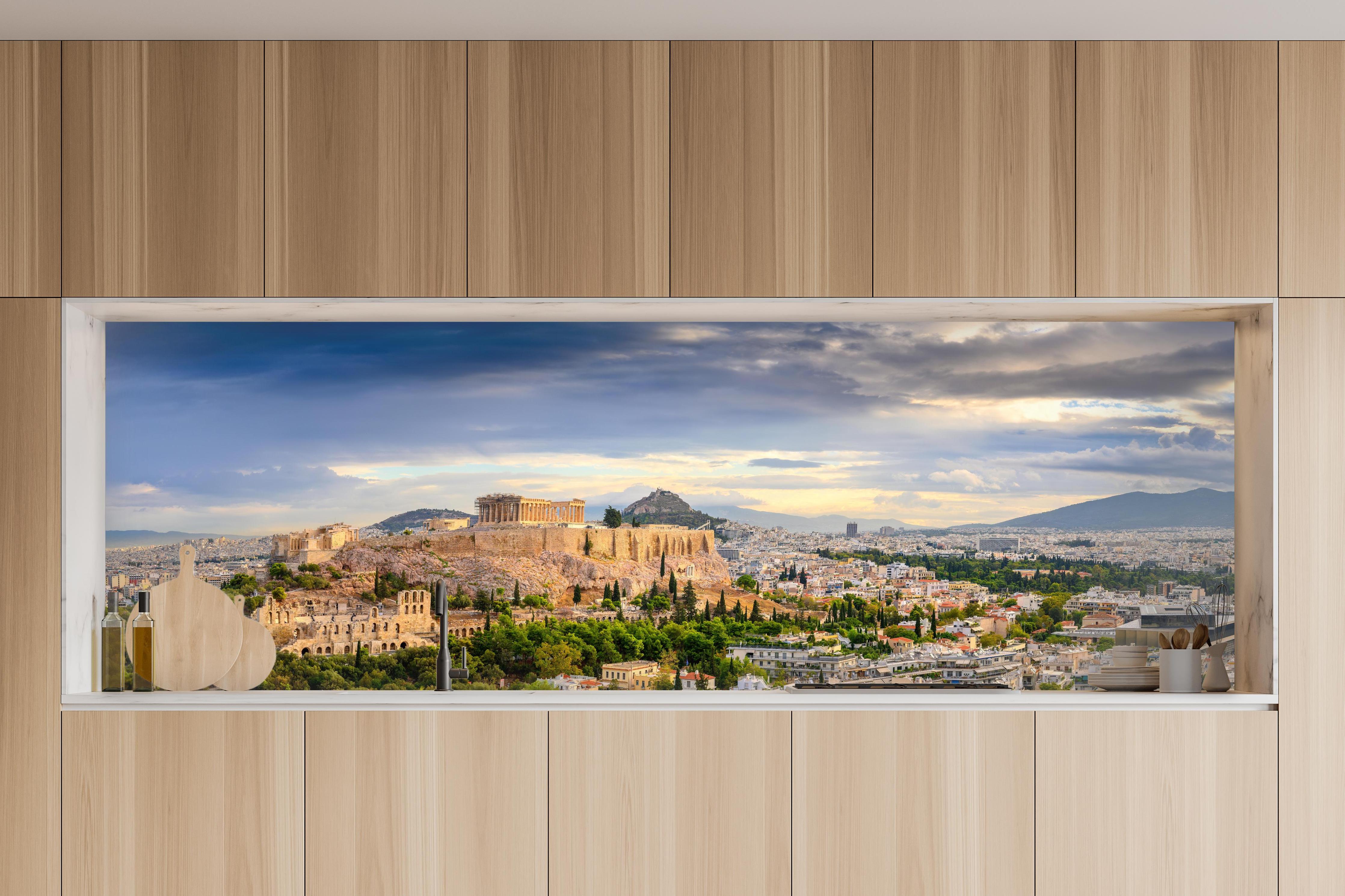 Küche - Akropolis Athen Panorama in charakteristischer Vollholz-Küche mit modernem Gasherd