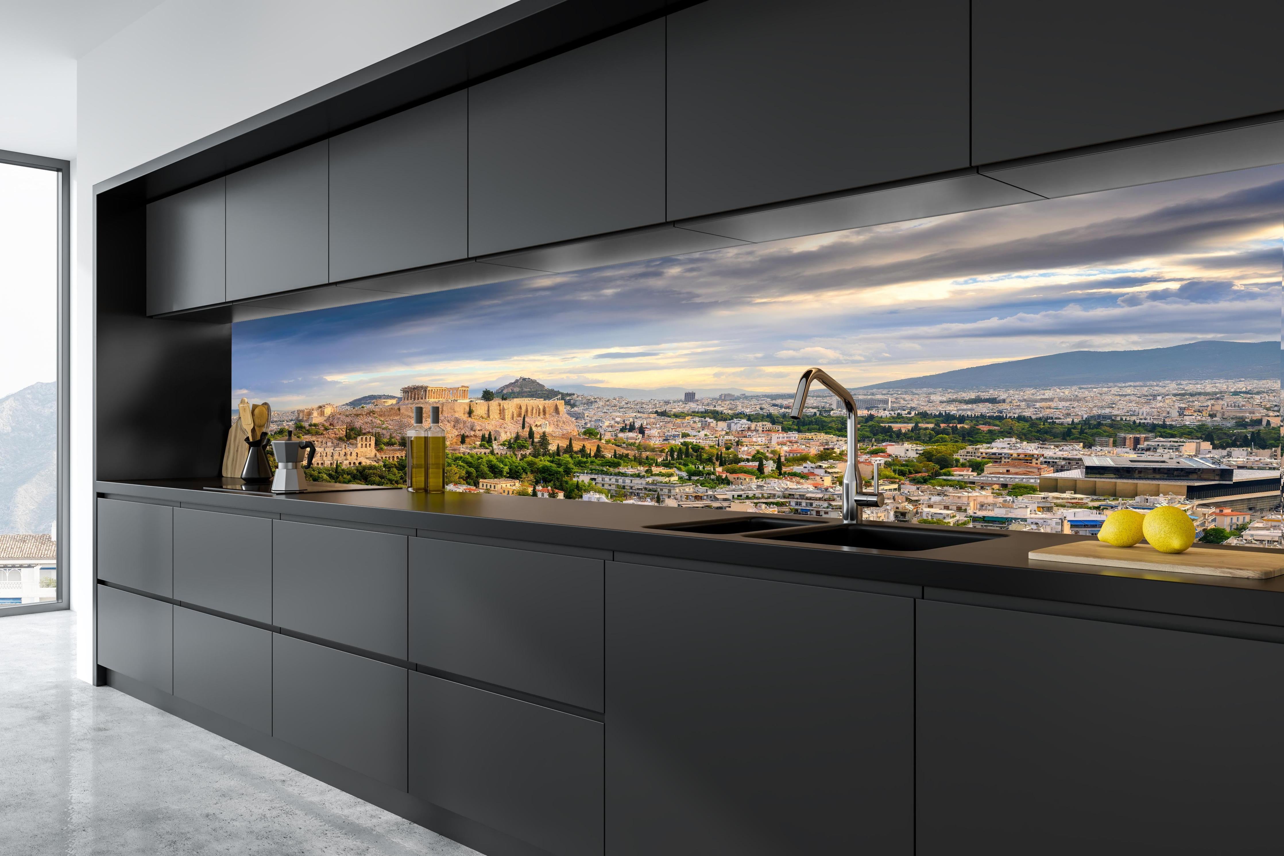 Küche - Akropolis Athen Panorama in tiefschwarzer matt-premium Einbauküche