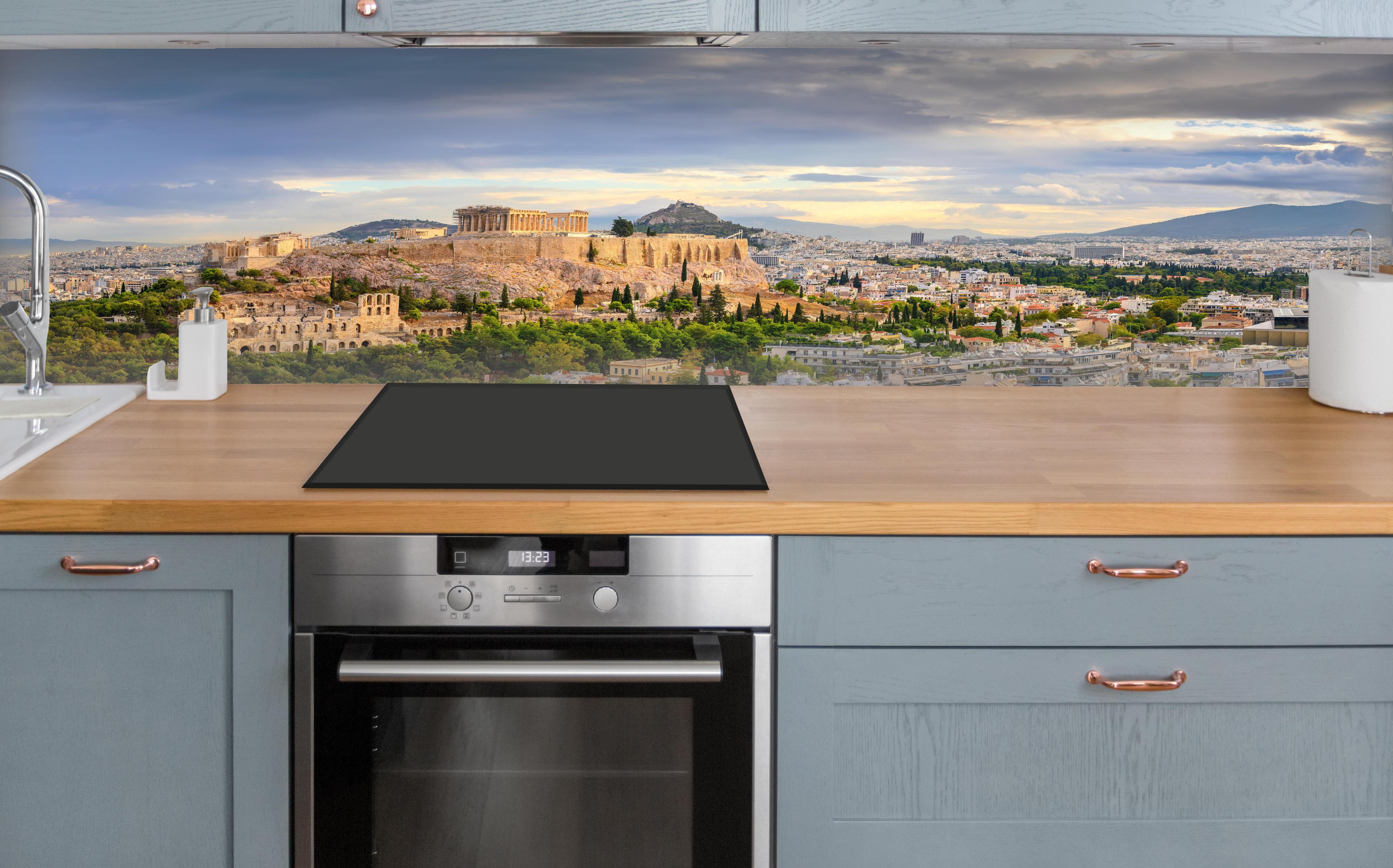 Küche - Akropolis Athen Panorama über polierter Holzarbeitsplatte mit Cerankochfeld