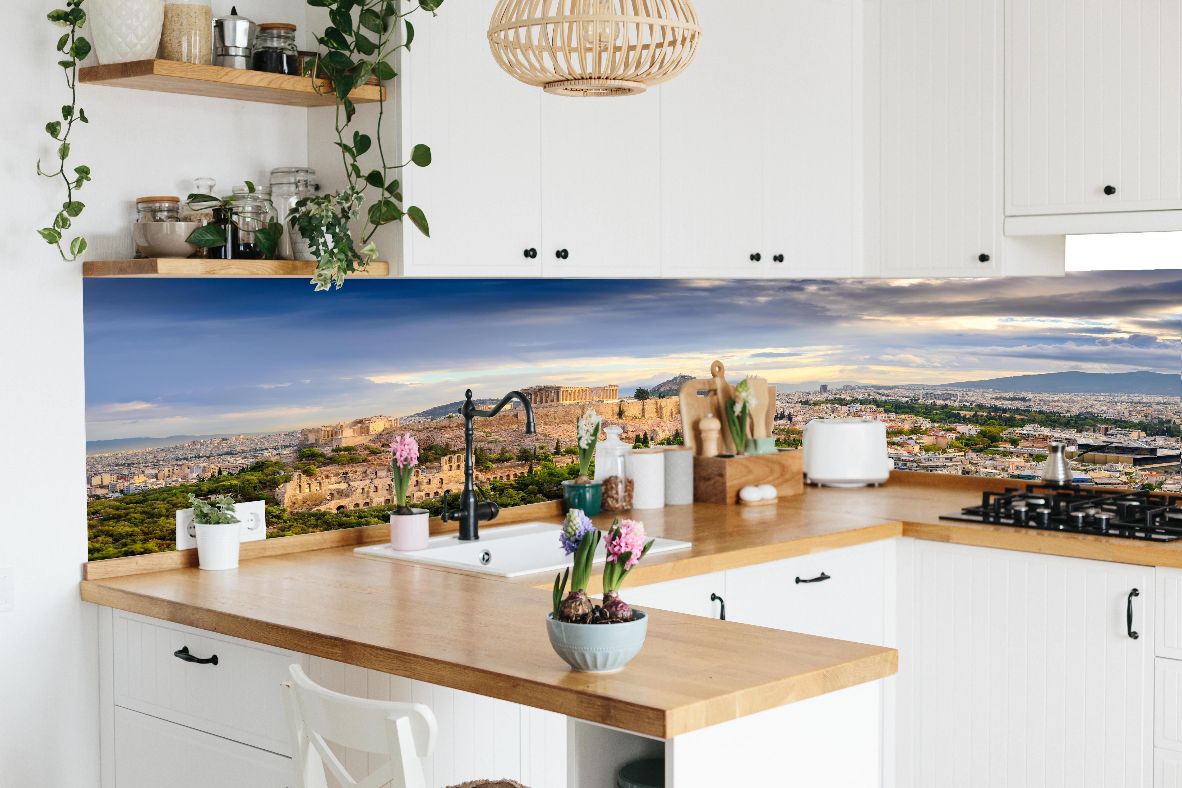 Küche - Akropolis Athen Panorama in lebendiger Küche mit bunten Blumen
