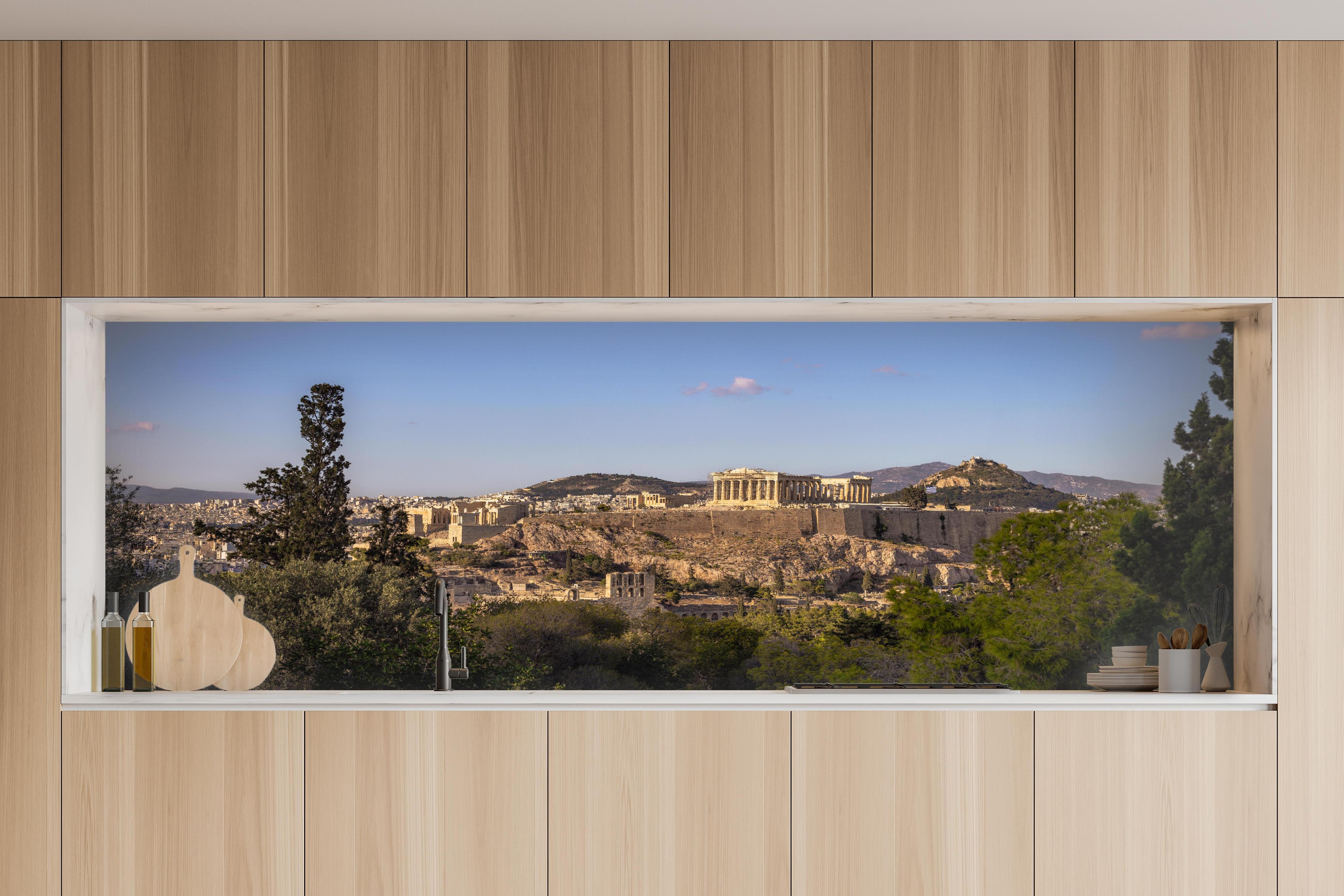 Küche - Akropolis Panorama Beige-Blau in charakteristischer Vollholz-Küche mit modernem Gasherd