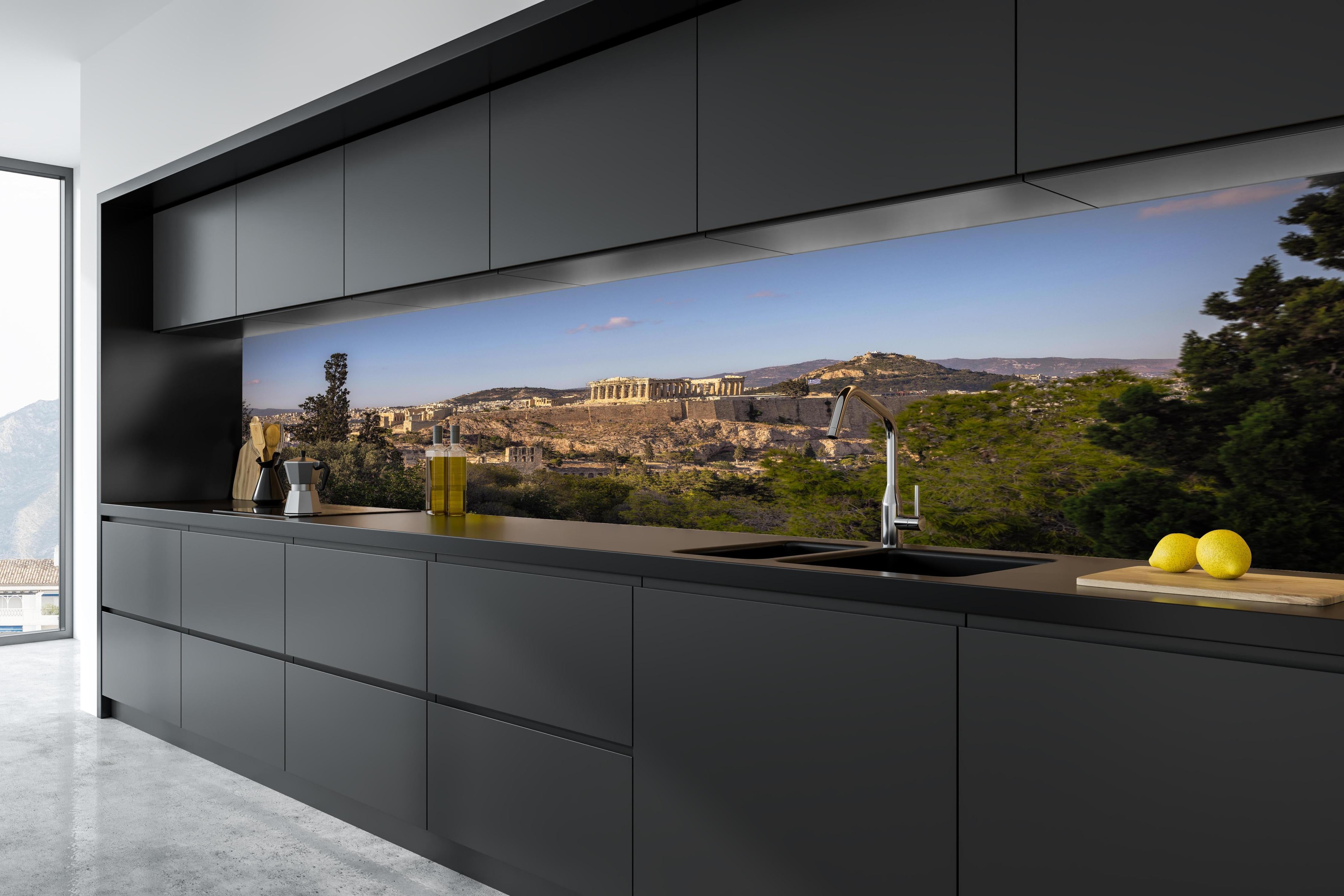 Küche - Akropolis Panorama Beige-Blau in tiefschwarzer matt-premium Einbauküche