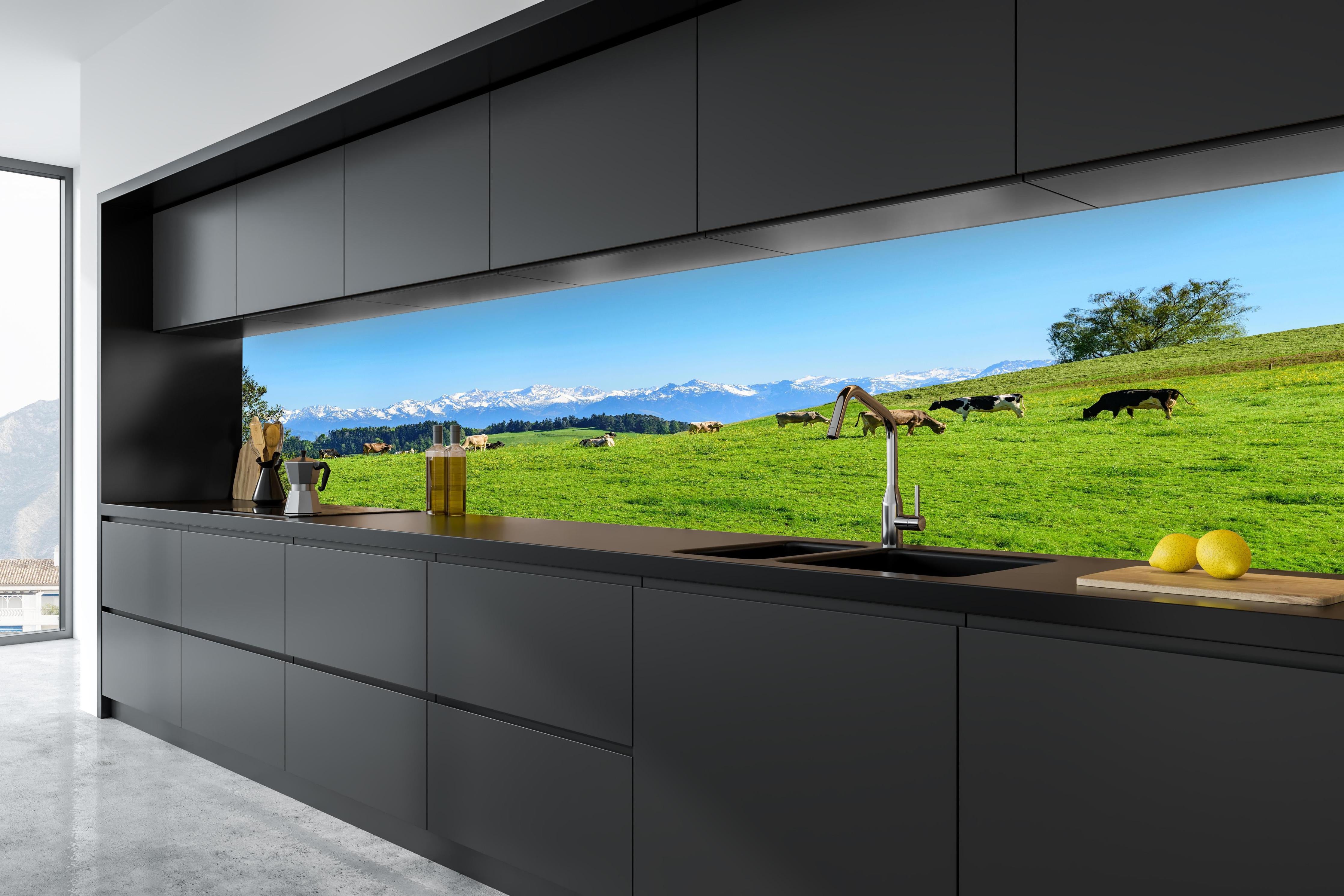 Küche - Almwiese mit Kühen und Alpenblick in tiefschwarzer matt-premium Einbauküche