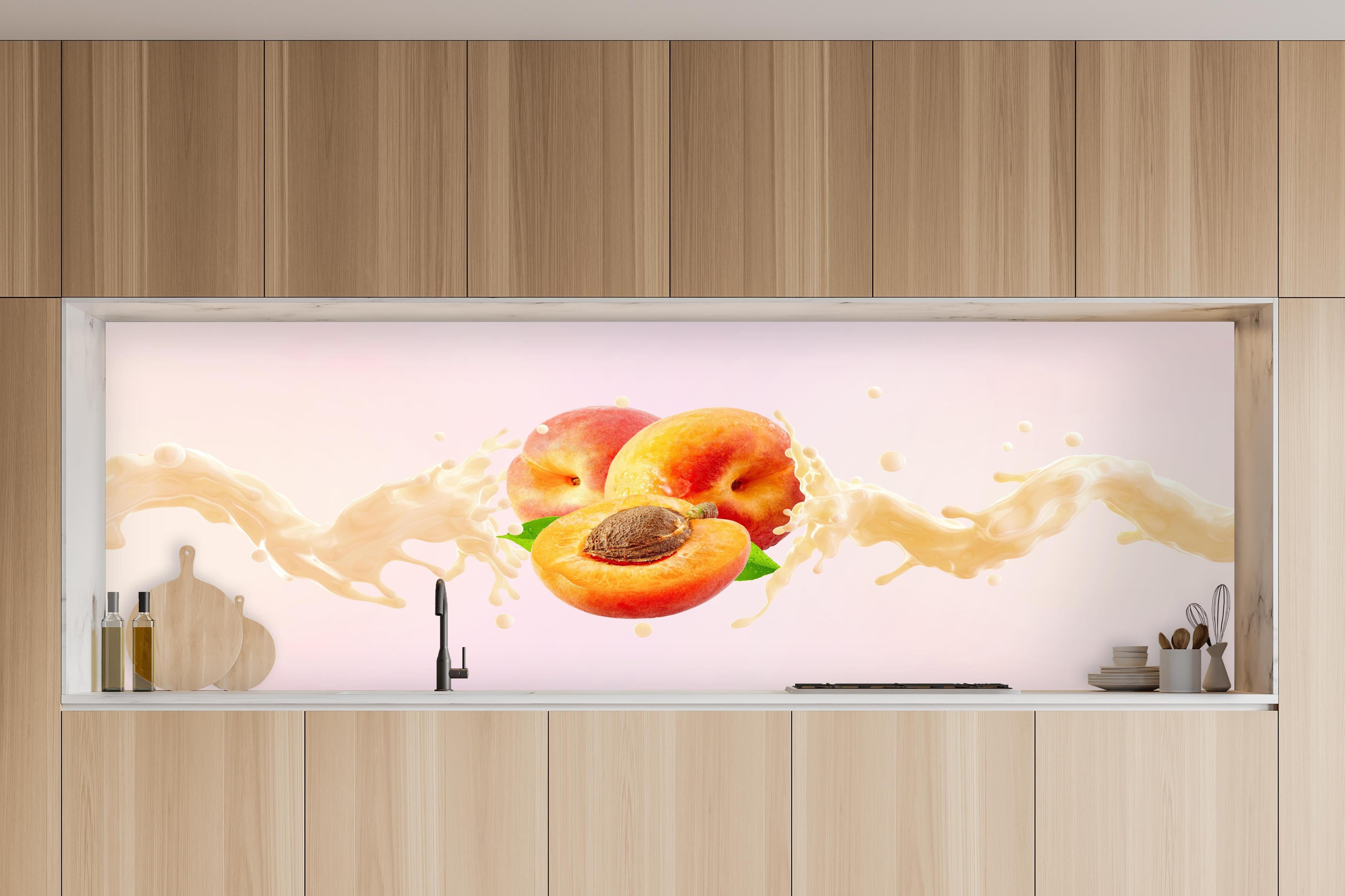 Küche - Aprikosen mit Milch-Splash in charakteristischer Vollholz-Küche mit modernem Gasherd