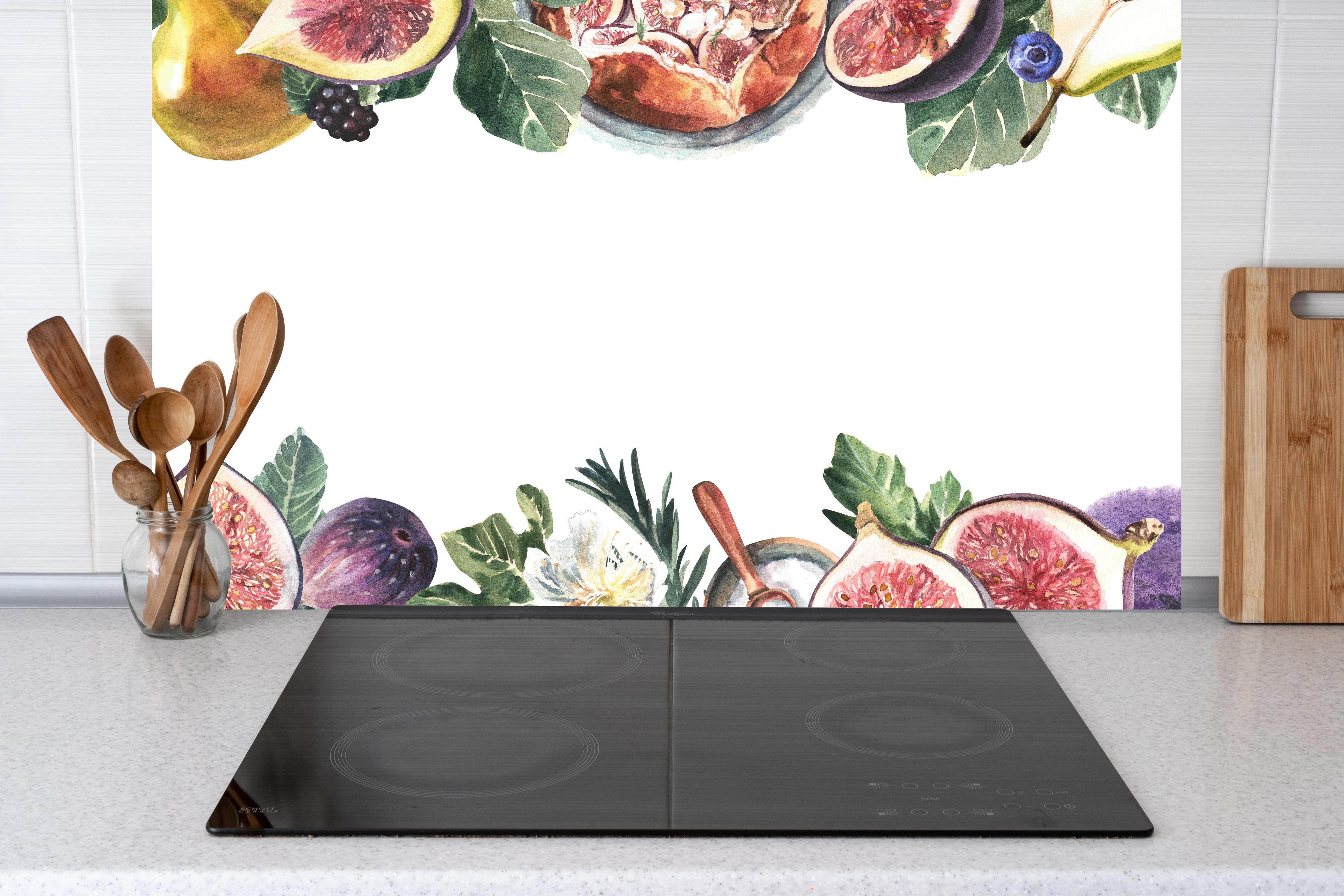 Küche - Aquarell Obst-Bordüre Limette Zitrone Feige hinter Cerankochfeld und Holz-Kochutensilien