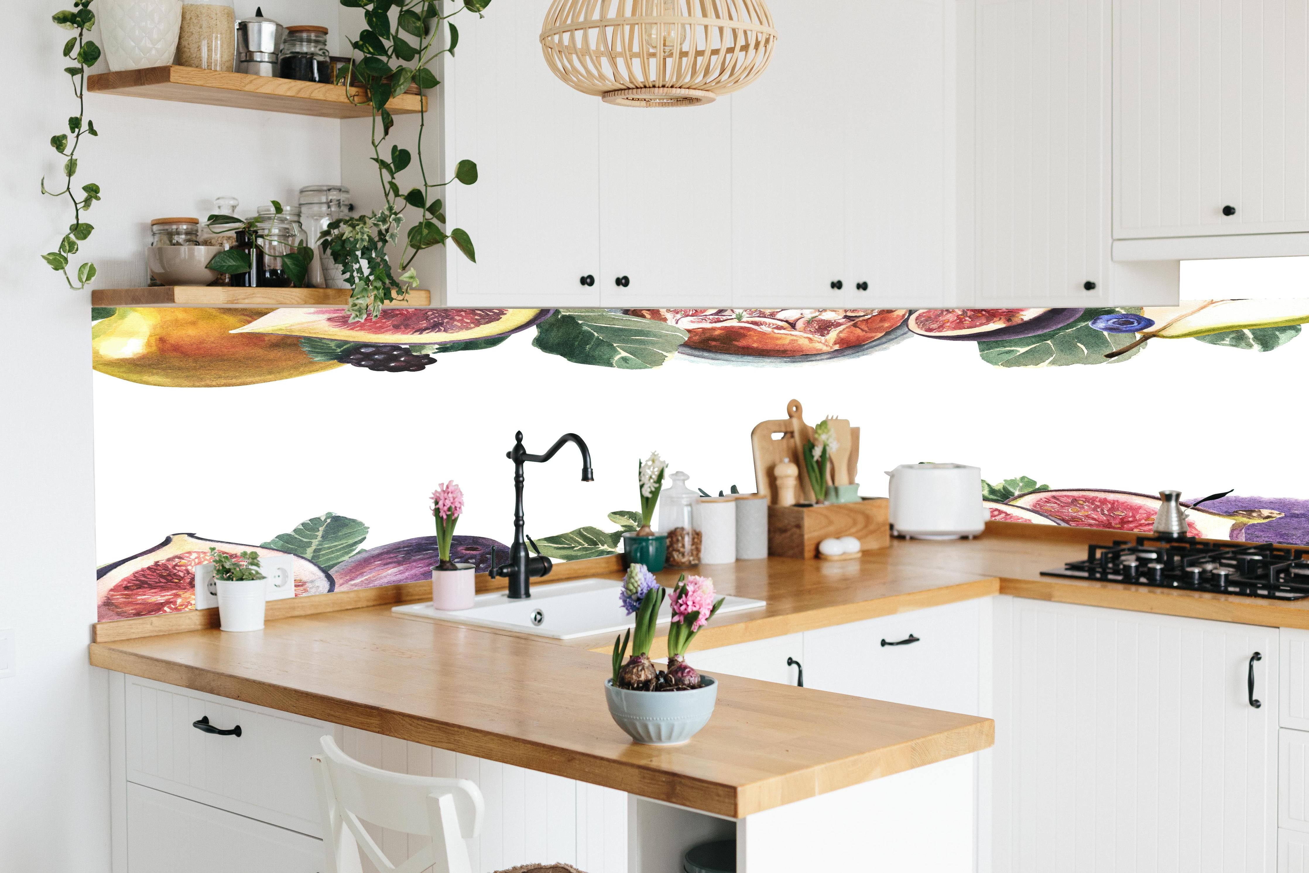 Küche - Aquarell Obst-Bordüre Limette Zitrone Feige in lebendiger Küche mit bunten Blumen
