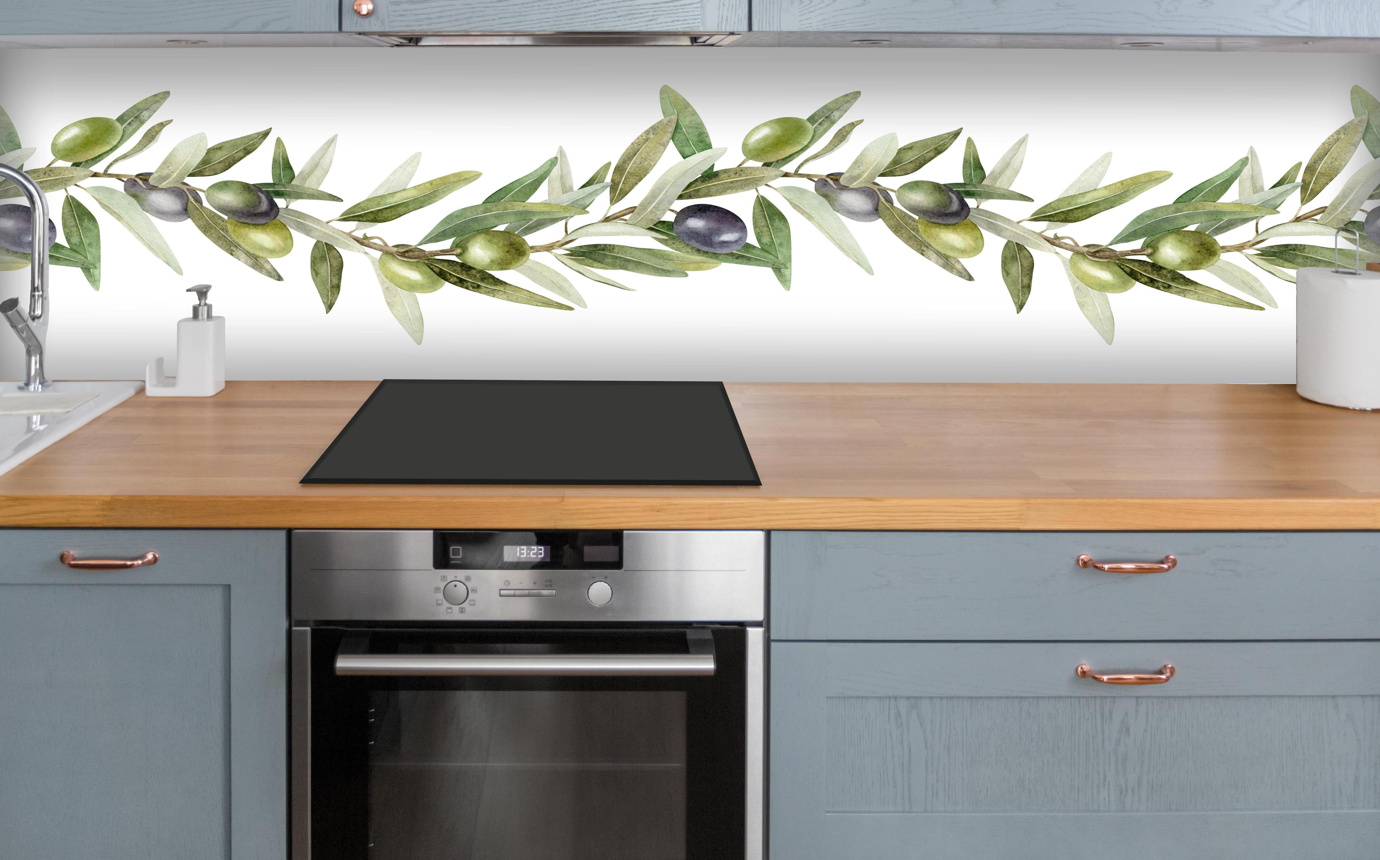 Küche - Aquarell Olivenzweig Weiß-Grün über polierter Holzarbeitsplatte mit Cerankochfeld