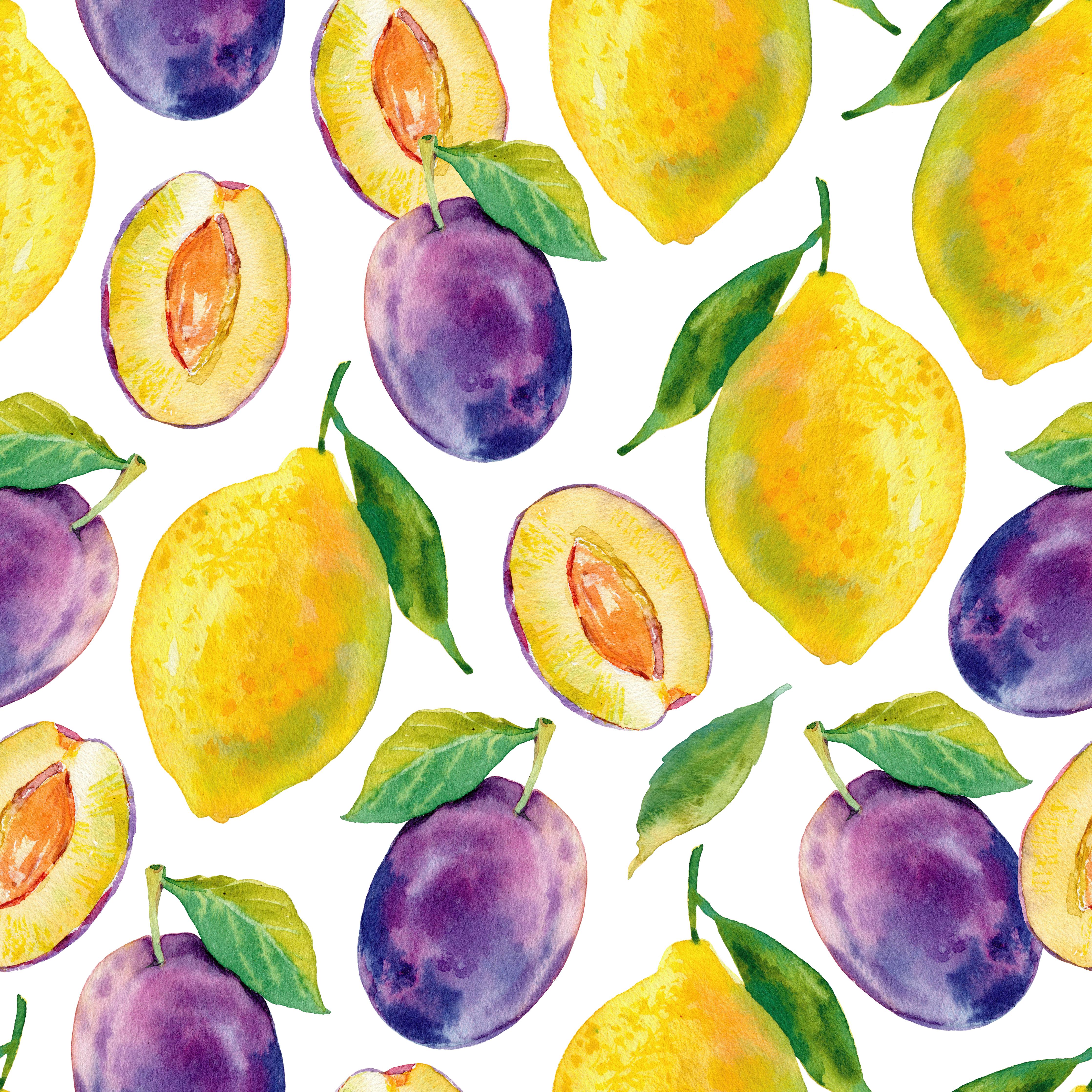 Küchenrückwand-Aquarell Zitronen & Pflaumen