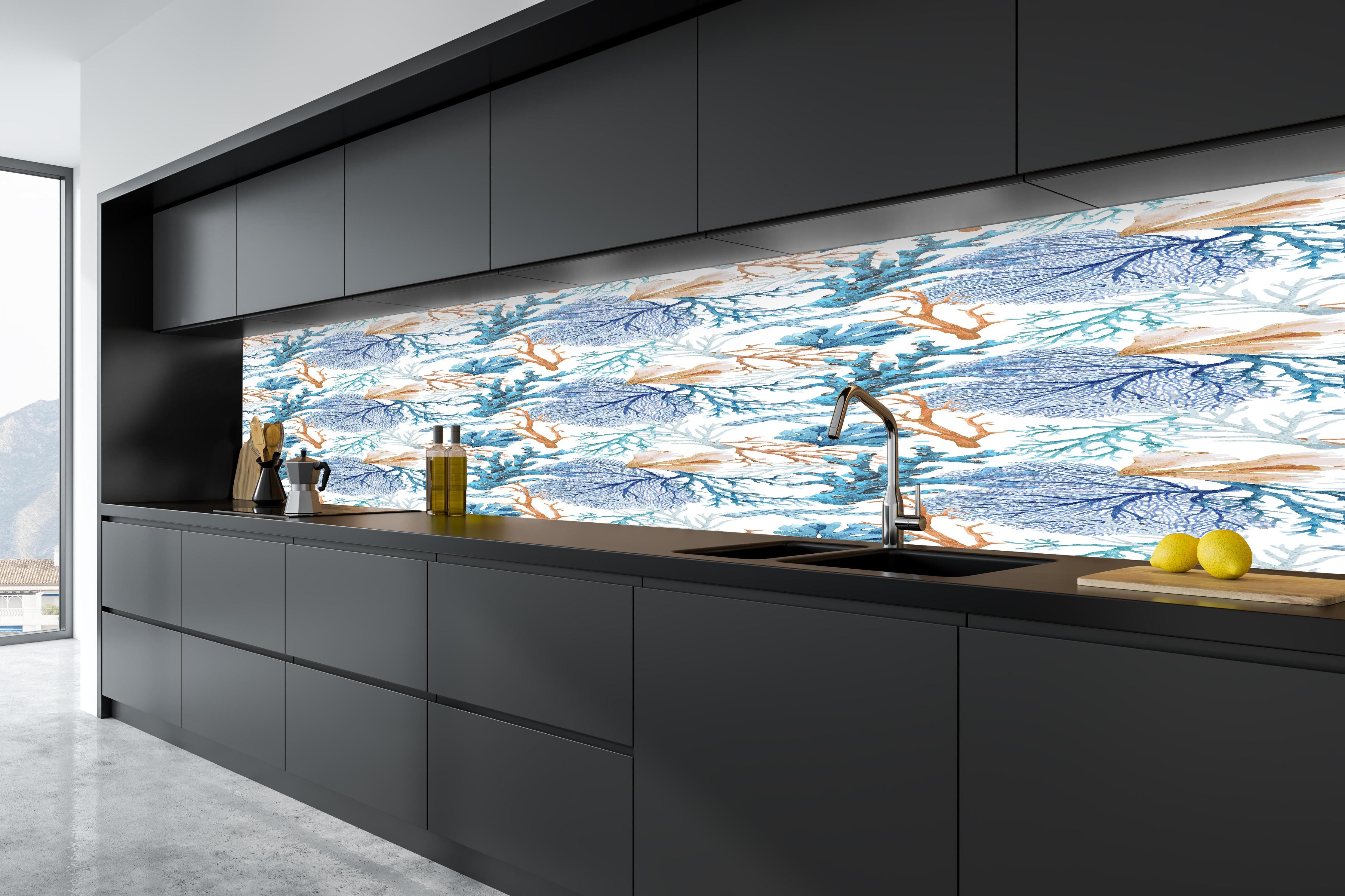 Küche - Blau-Beige Korallenmuster in tiefschwarzer matt-premium Einbauküche