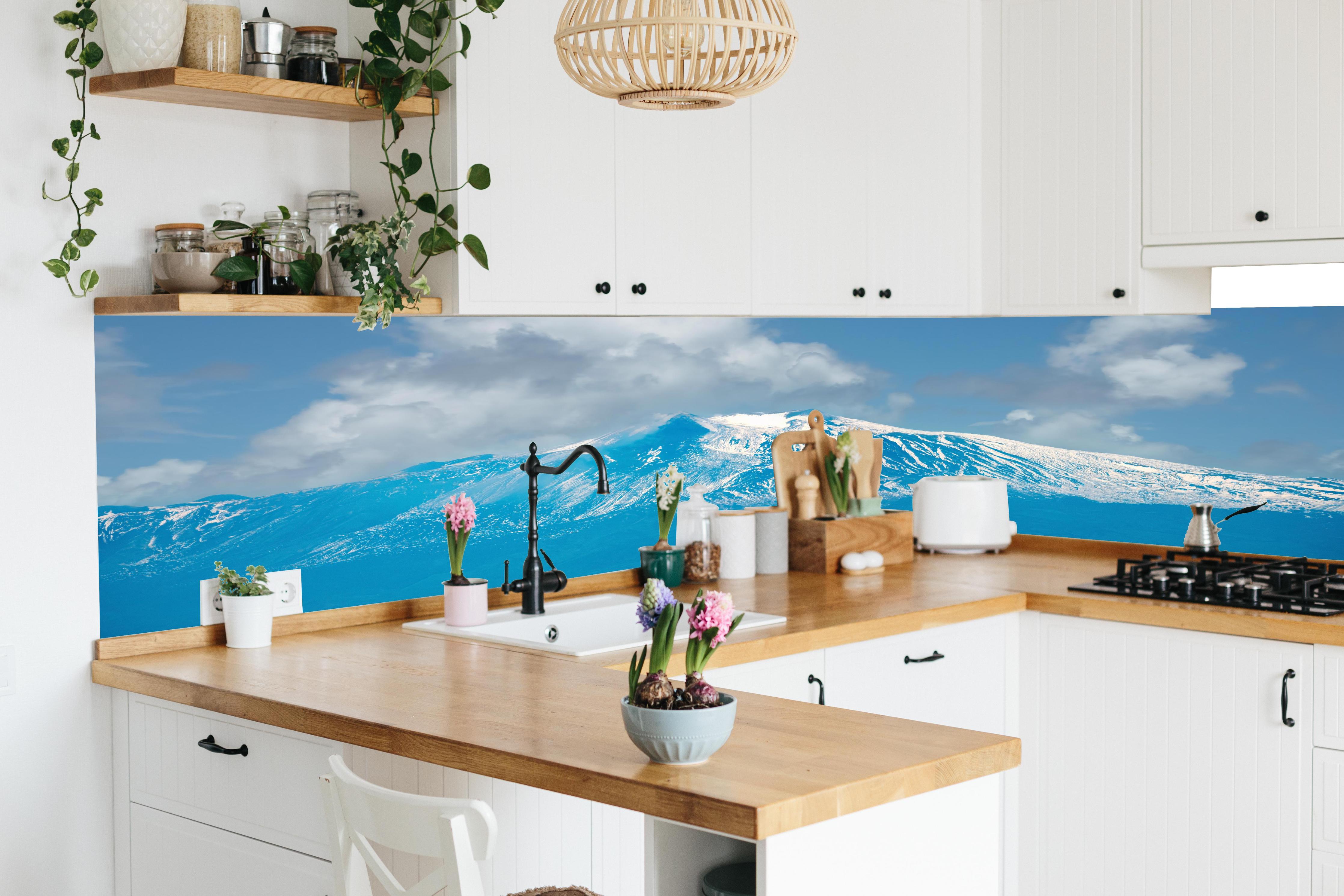 Küche - Blaue Schnee-Berglandschaft in lebendiger Küche mit bunten Blumen