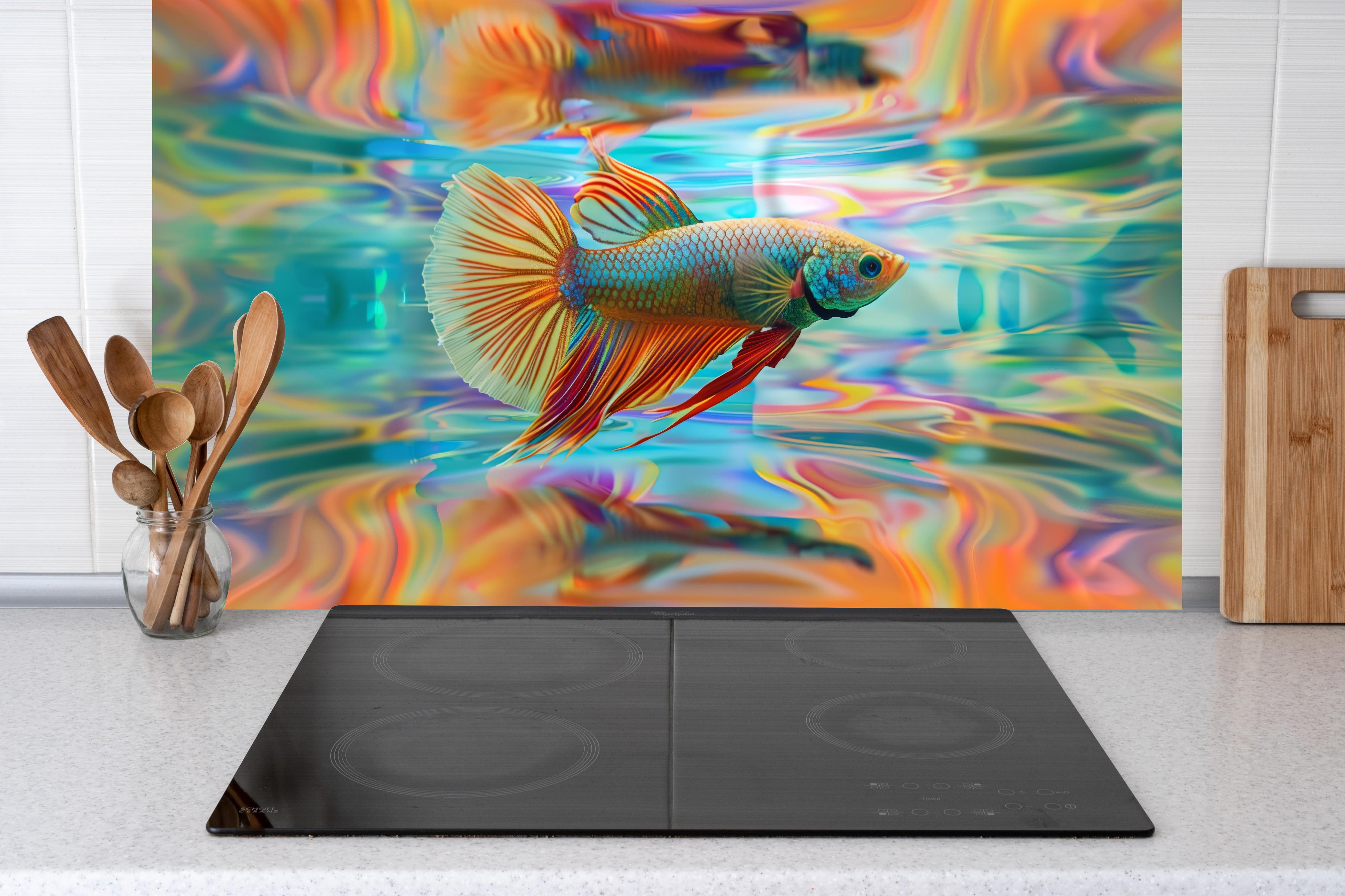 Küche - Bunter Betta-Fisch Türkis-Orange hinter Cerankochfeld und Holz-Kochutensilien