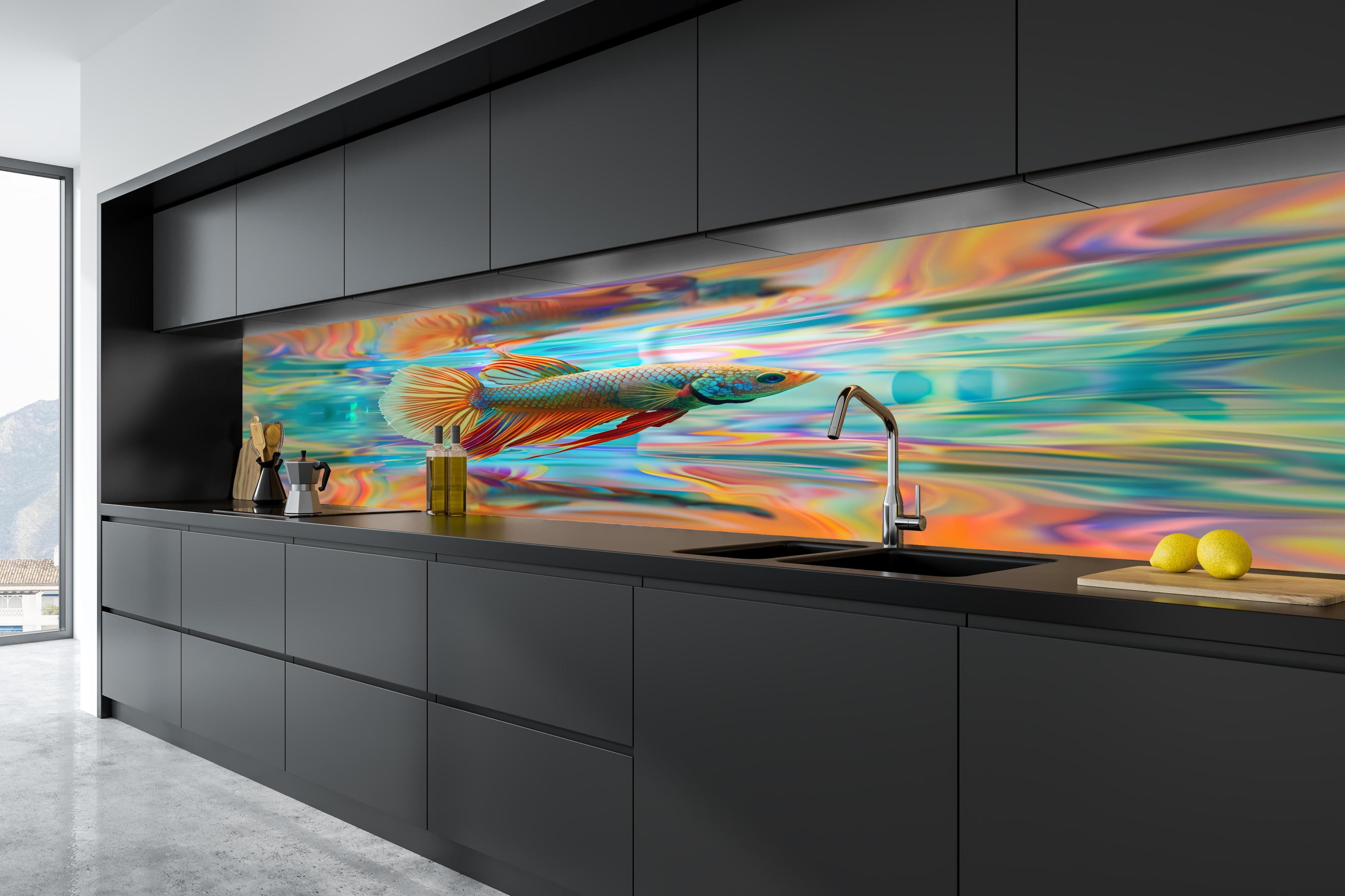 Küche - Bunter Betta-Fisch Türkis-Orange in tiefschwarzer matt-premium Einbauküche