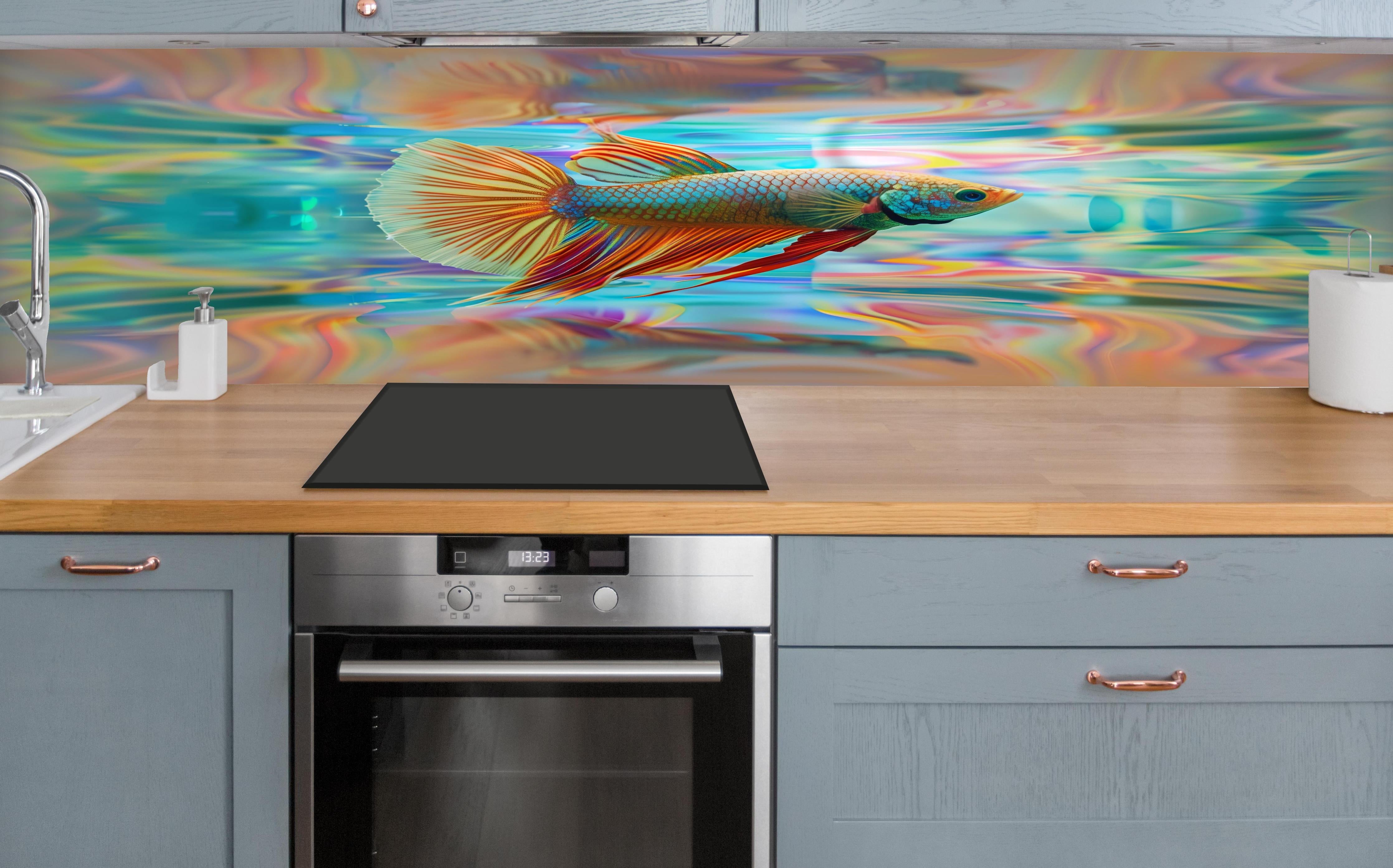 Küche - Bunter Betta-Fisch Türkis-Orange über polierter Holzarbeitsplatte mit Cerankochfeld