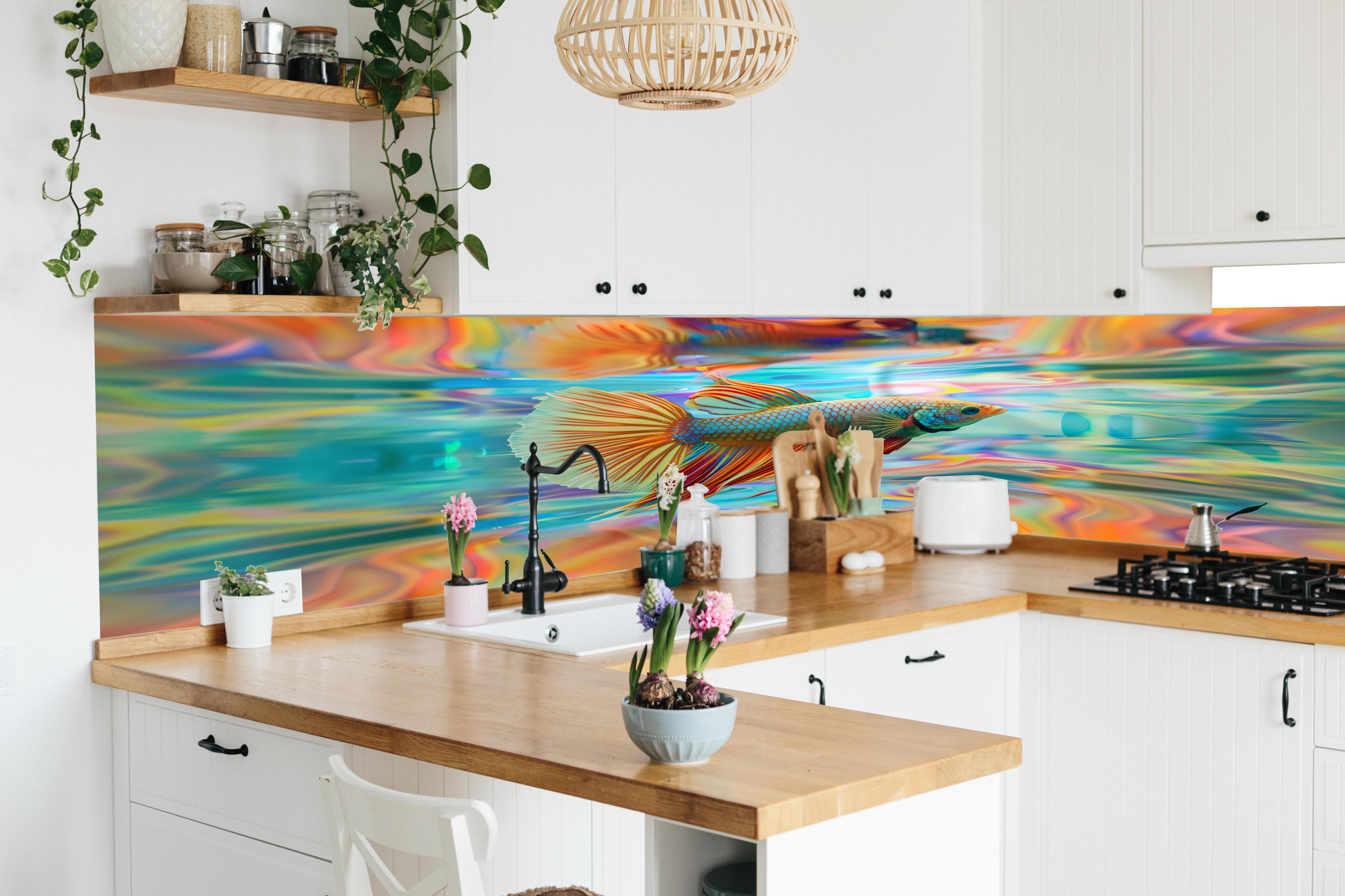 Küche - Bunter Betta-Fisch Türkis-Orange in lebendiger Küche mit bunten Blumen