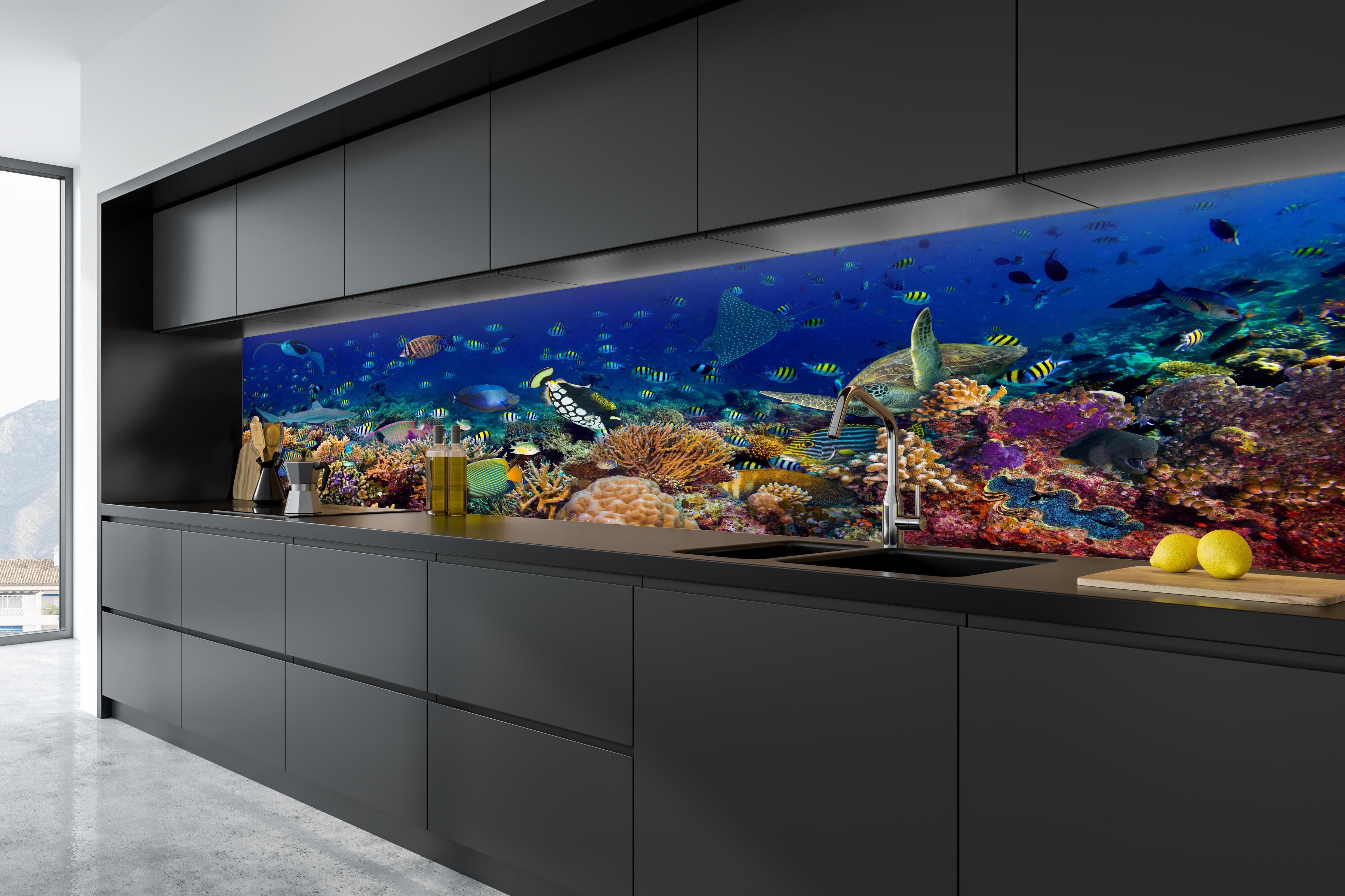 Küche - Buntes Korallenriff Blau-Türkis in tiefschwarzer matt-premium Einbauküche