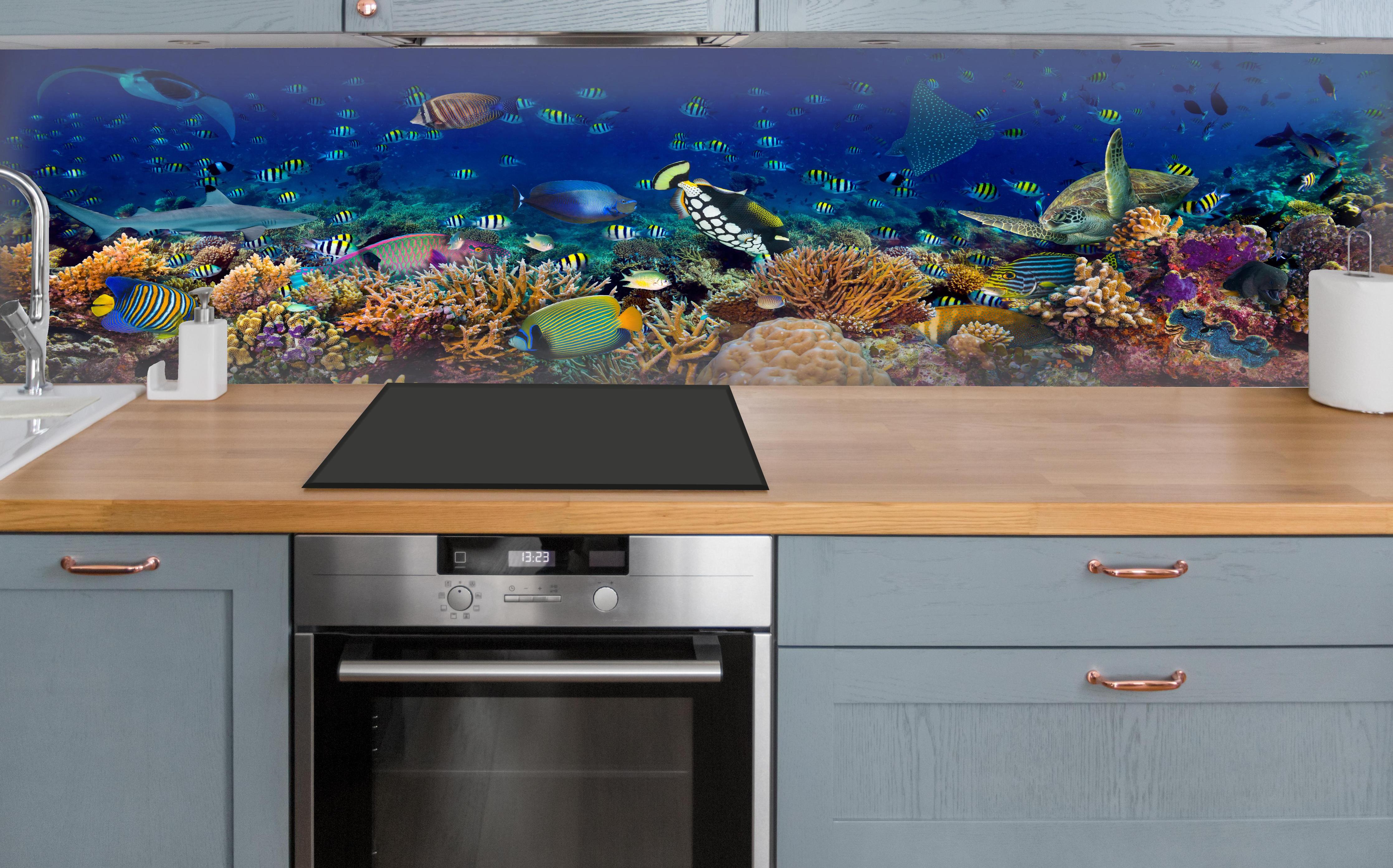 Küche - Buntes Korallenriff Blau-Türkis über polierter Holzarbeitsplatte mit Cerankochfeld