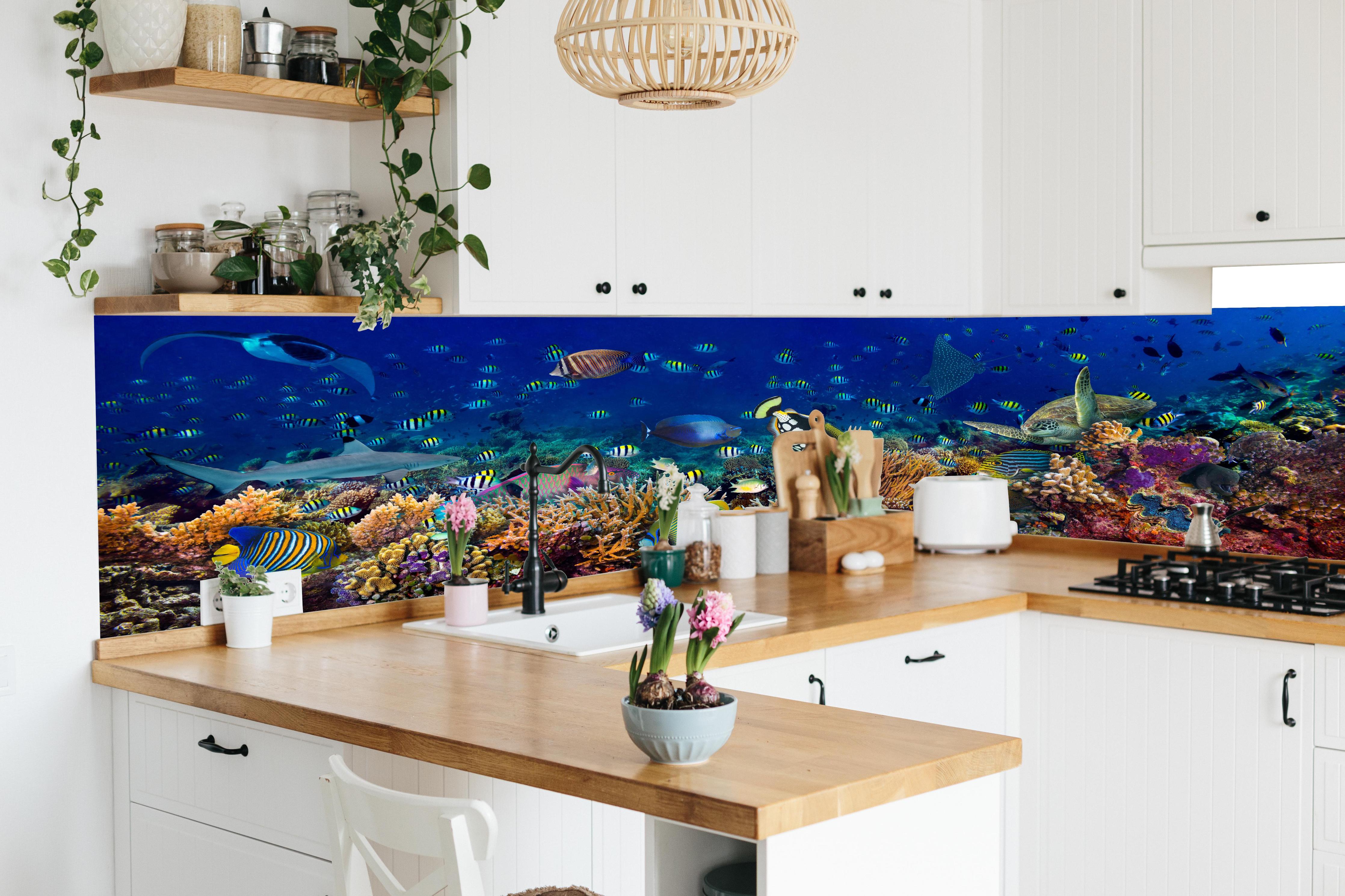 Küche - Buntes Korallenriff Blau-Türkis in lebendiger Küche mit bunten Blumen