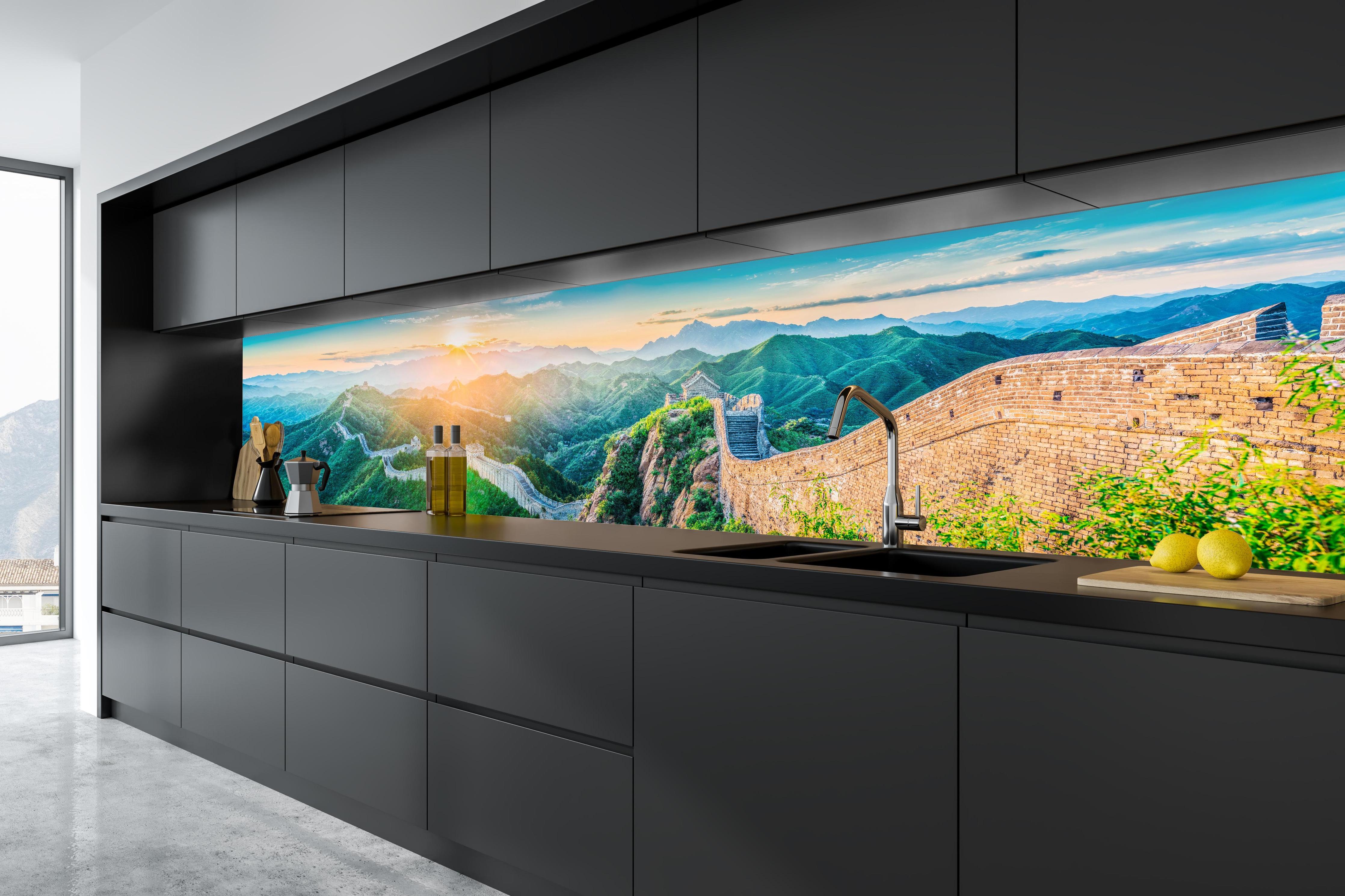 Küche - Chinesische Mauer Panorama Sonnenaufgang in tiefschwarzer matt-premium Einbauküche