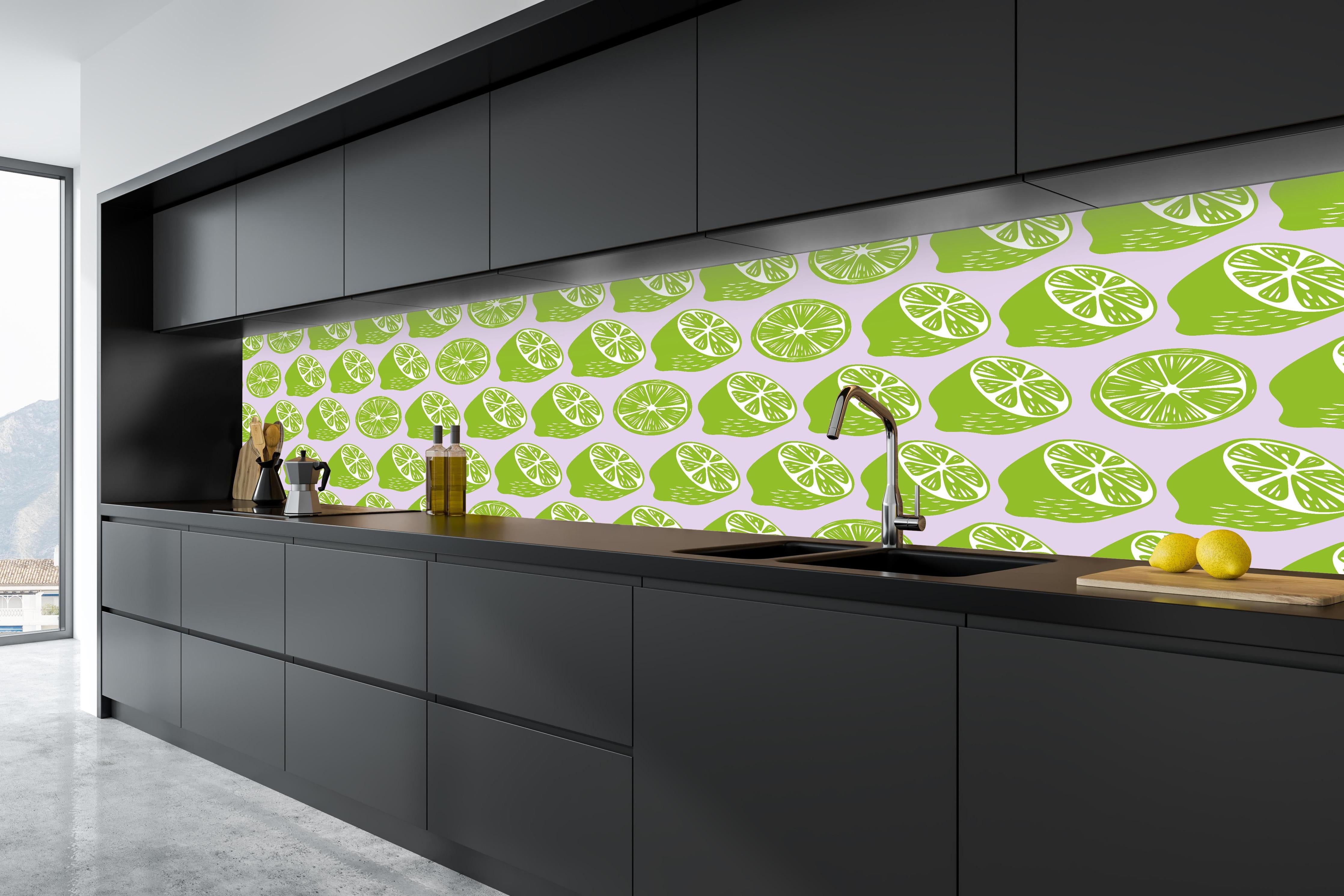 Küche - Citrus-Limetten-Muster Grün in tiefschwarzer matt-premium Einbauküche