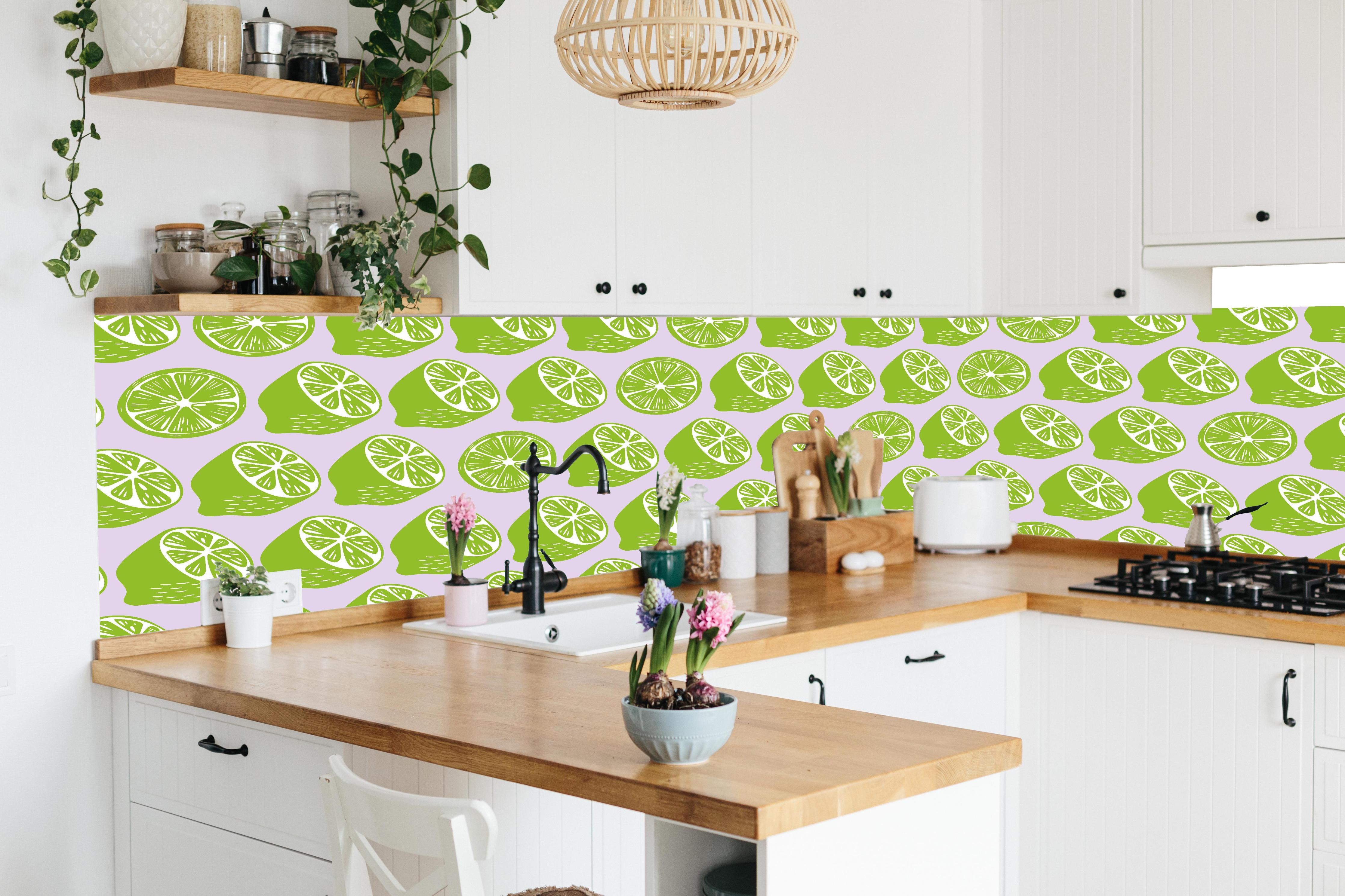 Küche - Citrus-Limetten-Muster Grün in lebendiger Küche mit bunten Blumen